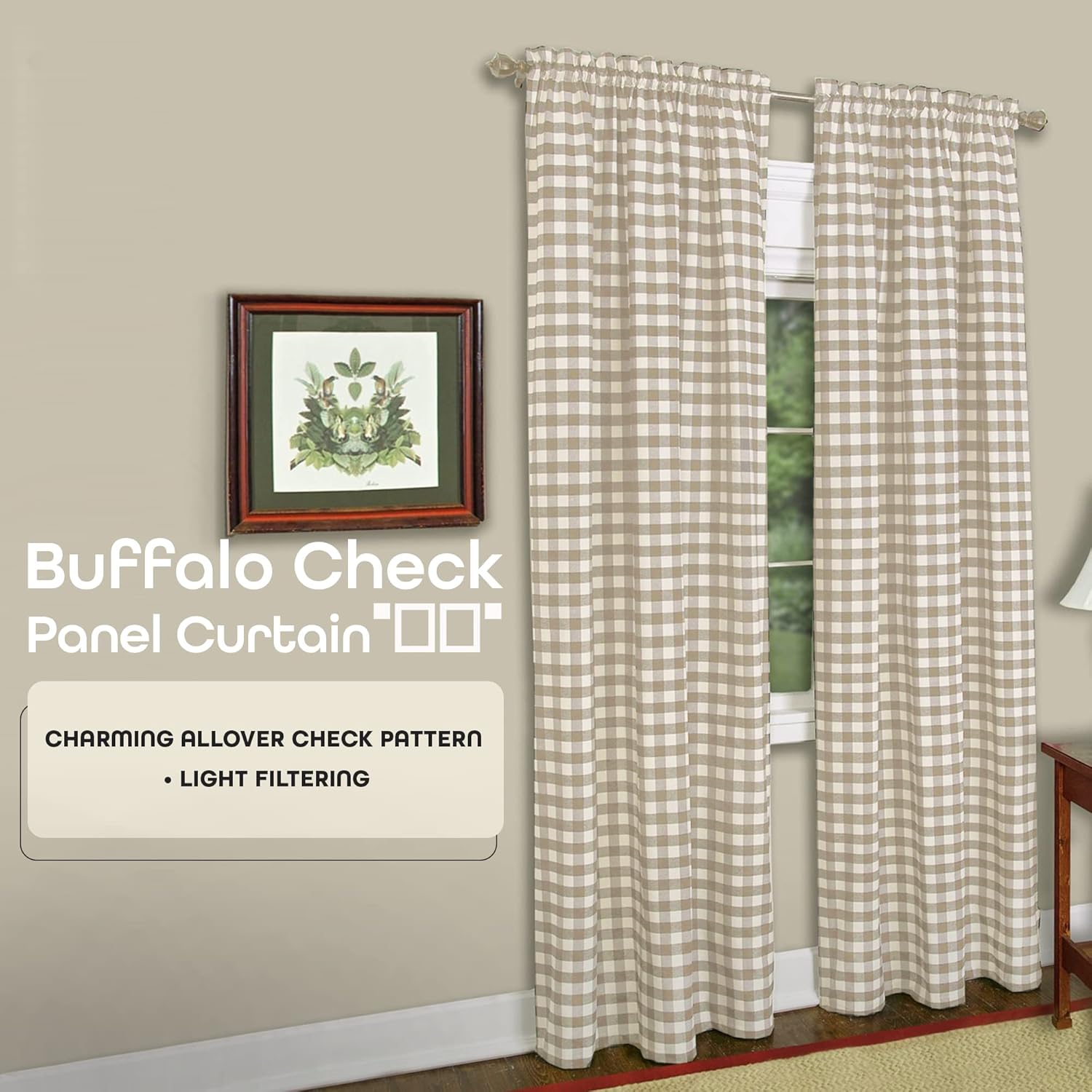 ACHIM Buffalo Check Panel Curtains - Taupe Ivory Plaid 42x84 Inches
