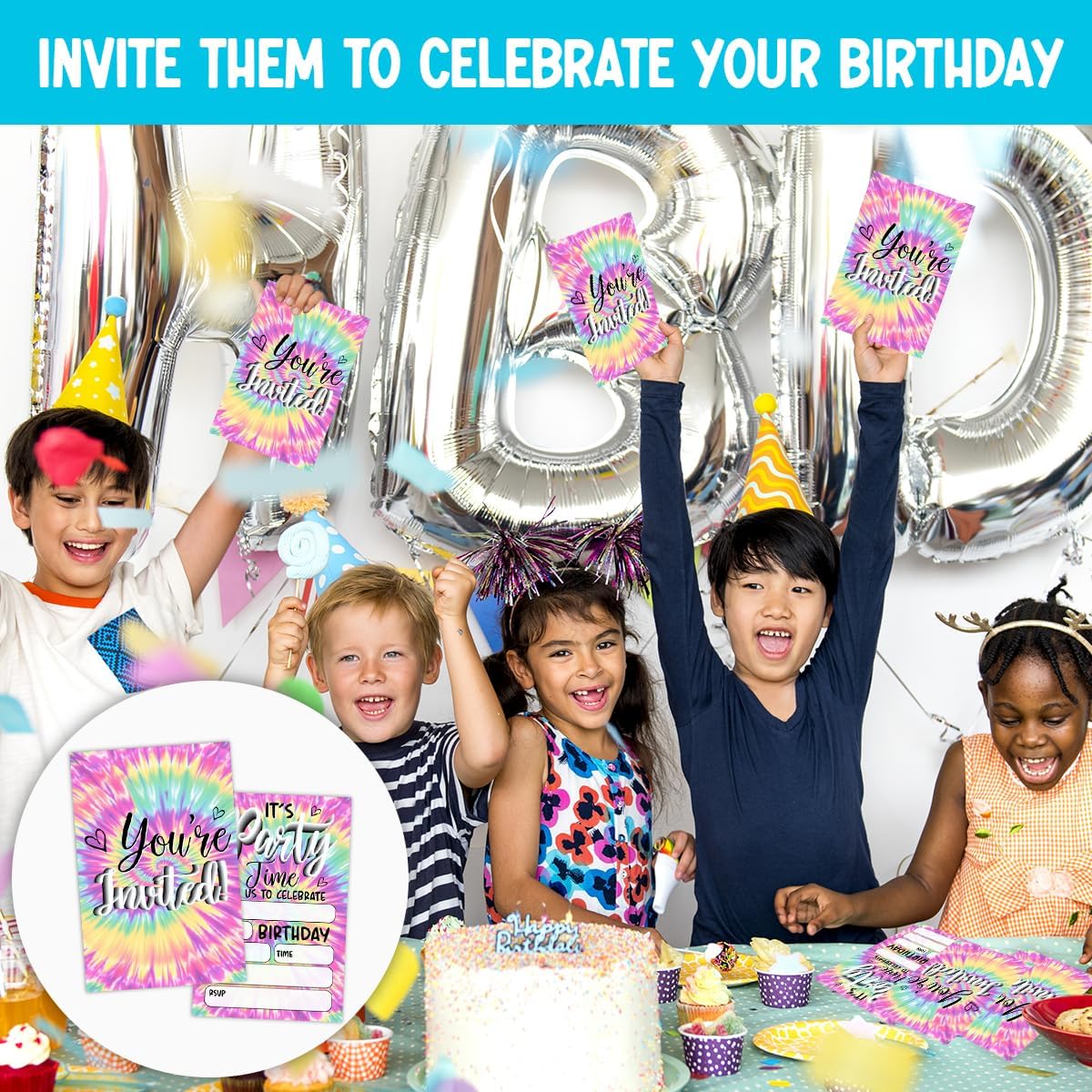 Rainbow Tie Dye Birthday Party Invitations Set