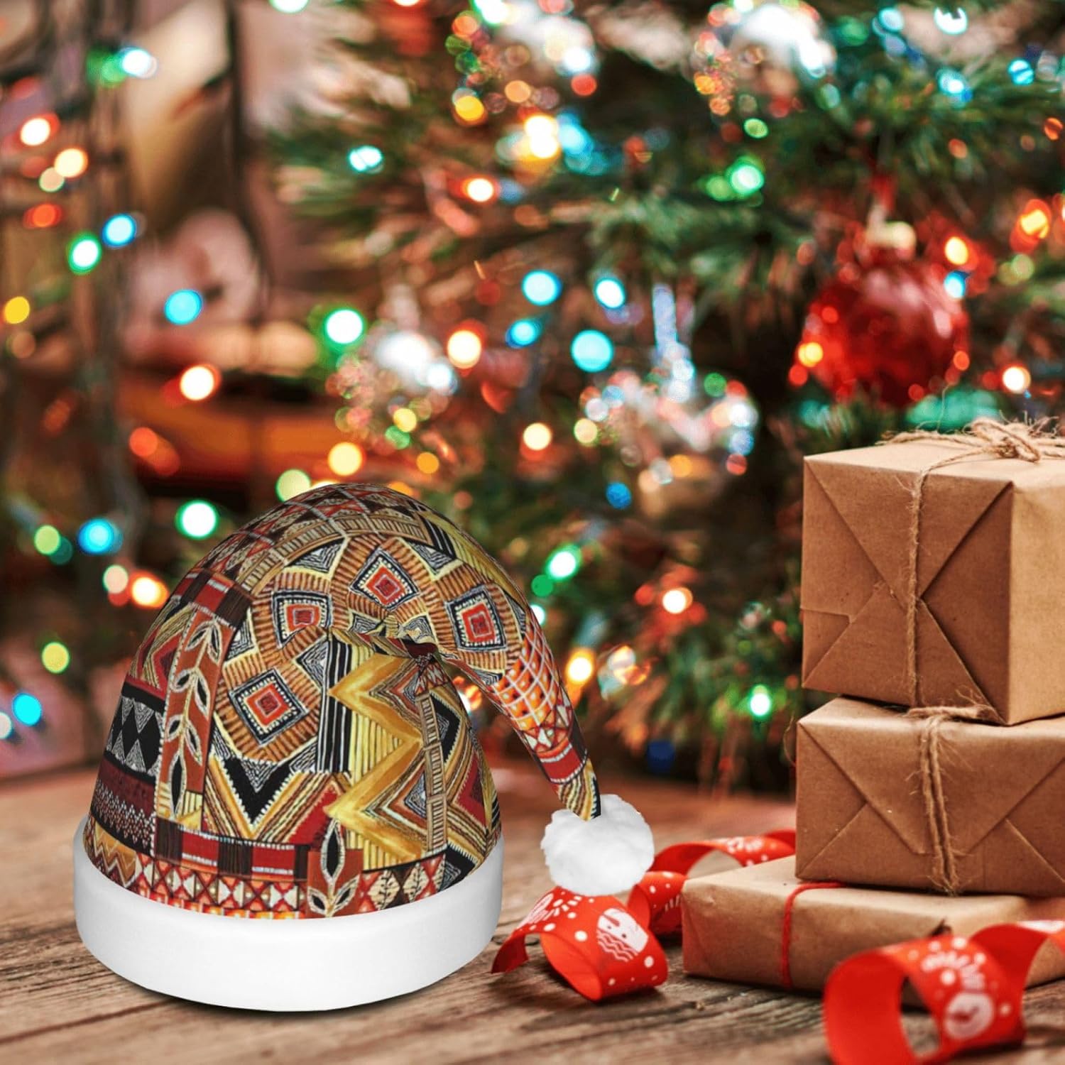 African Textile Patchwork Christmas Hat with LED Light