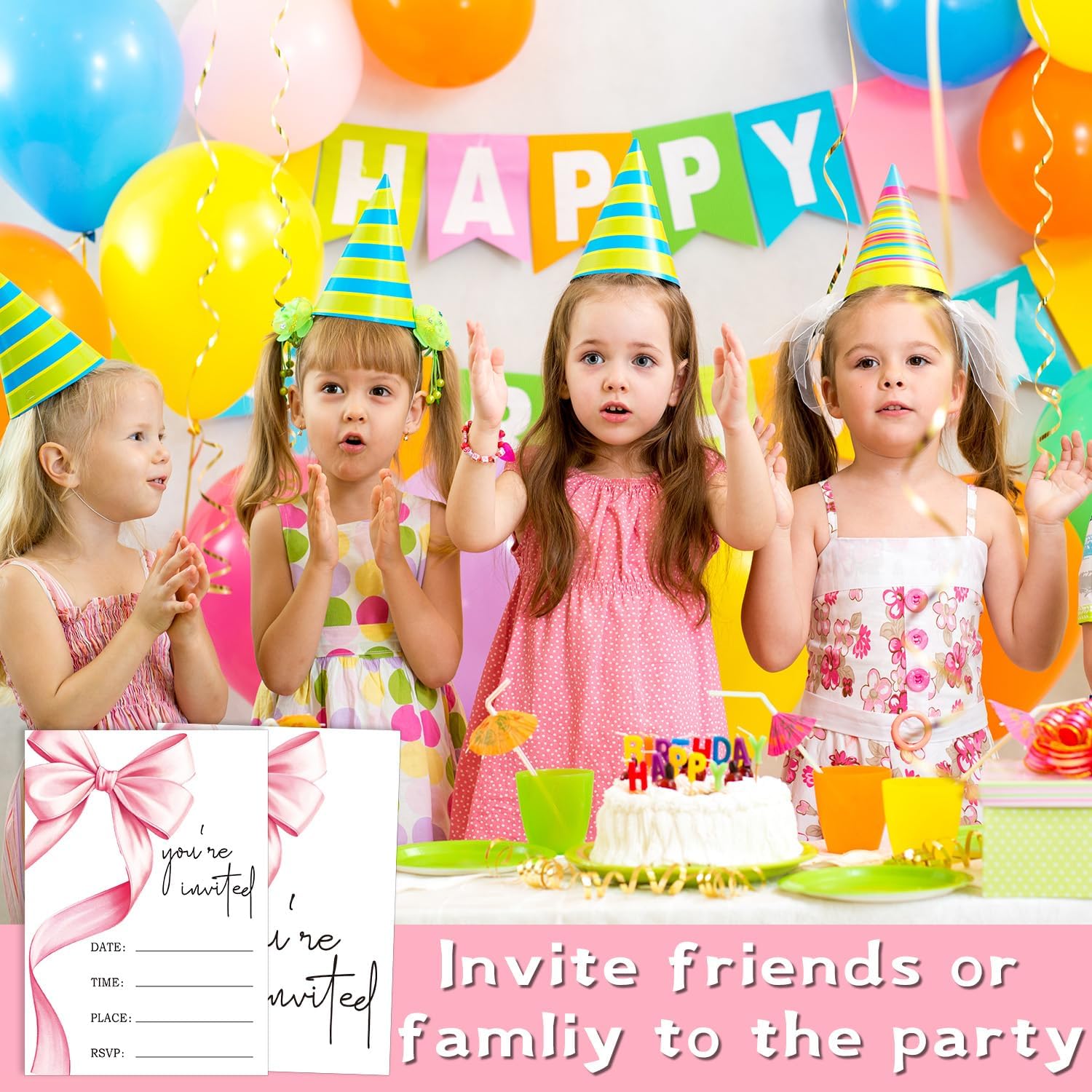 Pink Bow Birthday Party Invitations 20 Pack with Envelopes