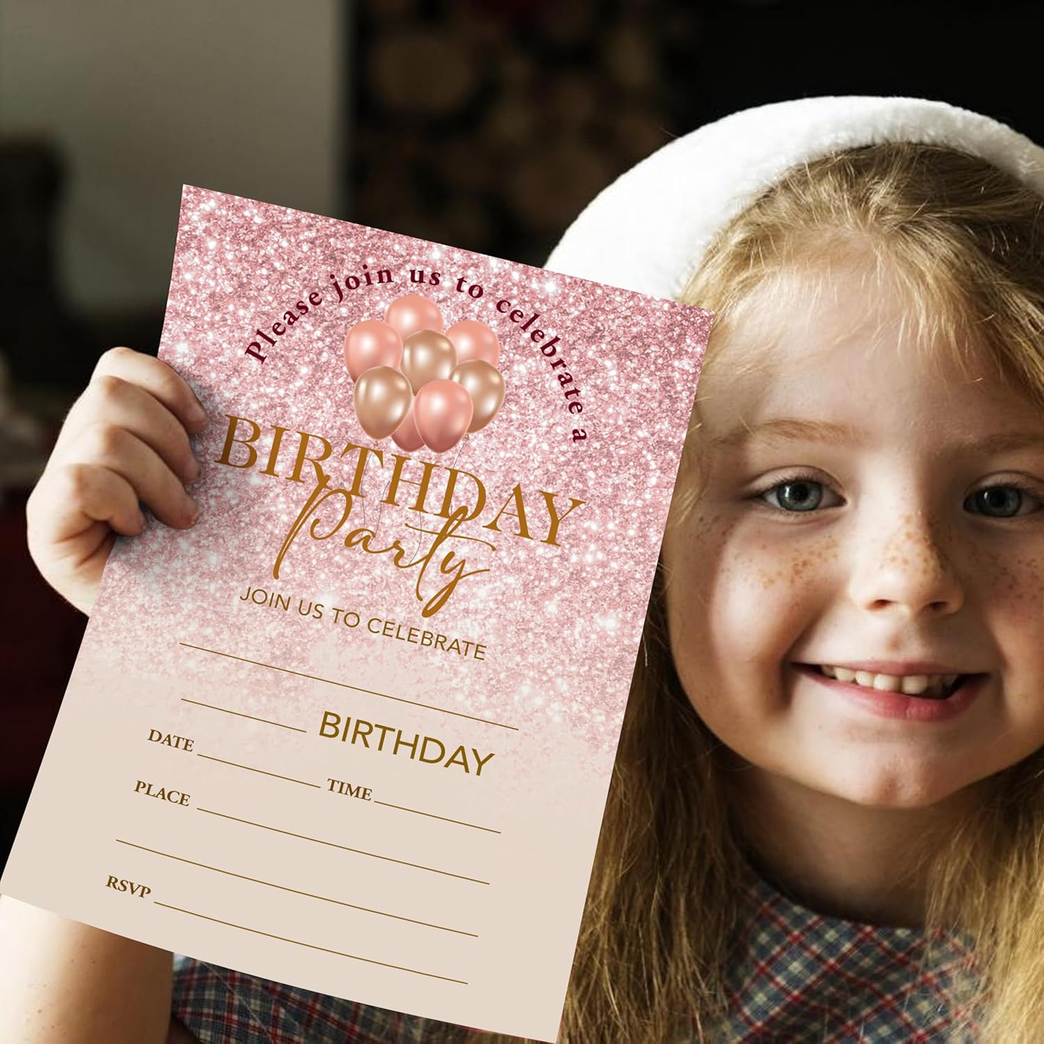 Pink Glitter Birthday Invites Cards with Envelopes - 20PCS