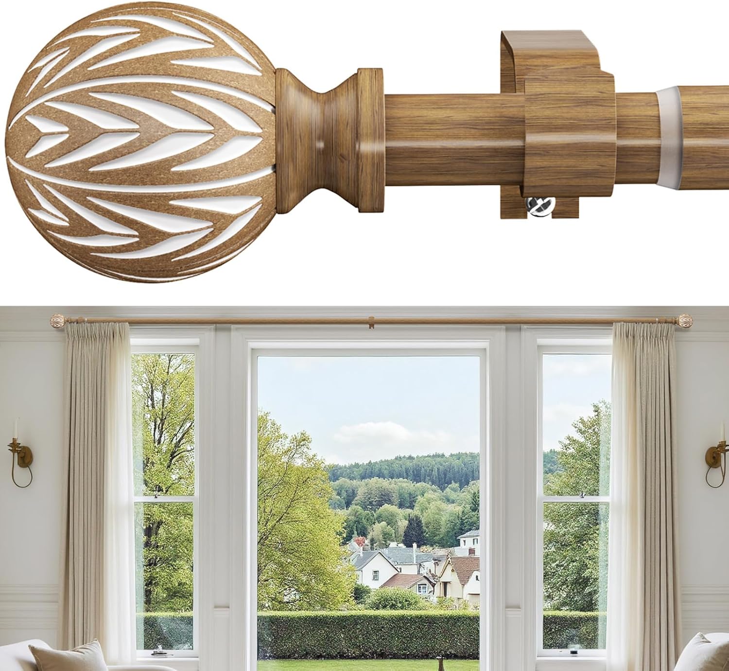KVEEO Decorative Wood Grain Curtain Rods 36-88 Inch Adjustable