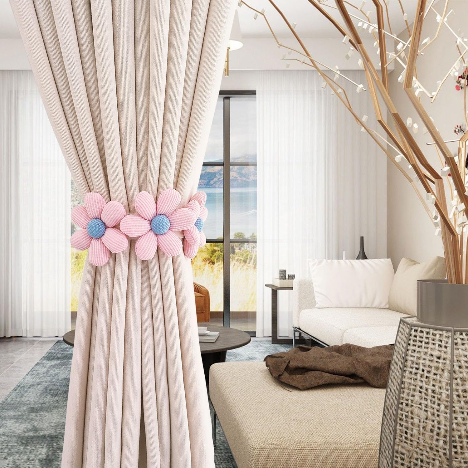 2pcs Flower Curtain Buckles Pink Cute Decorative Tie