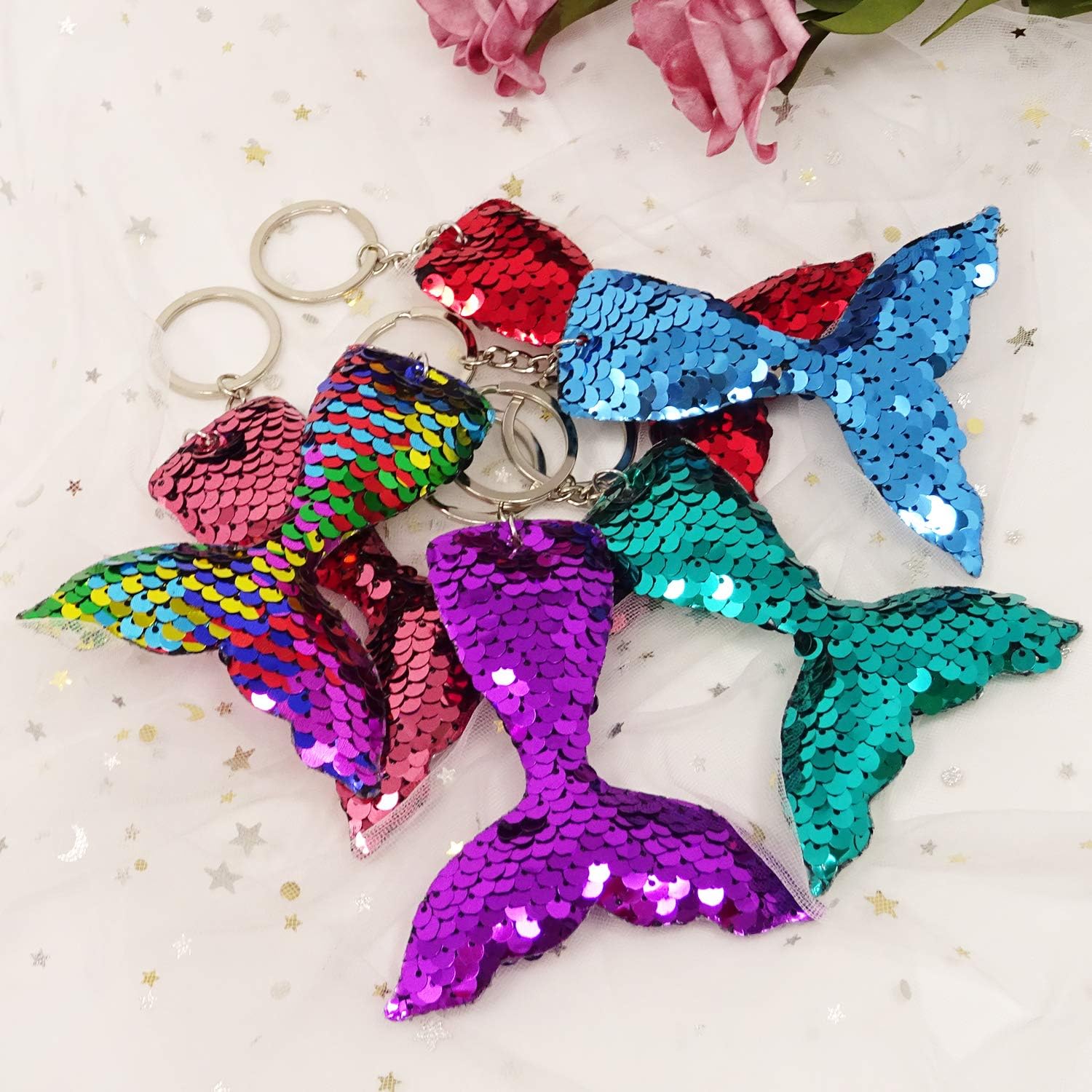 Honbay 6PCS Glitter Reversible Sequins Mermaid Tails Keychains