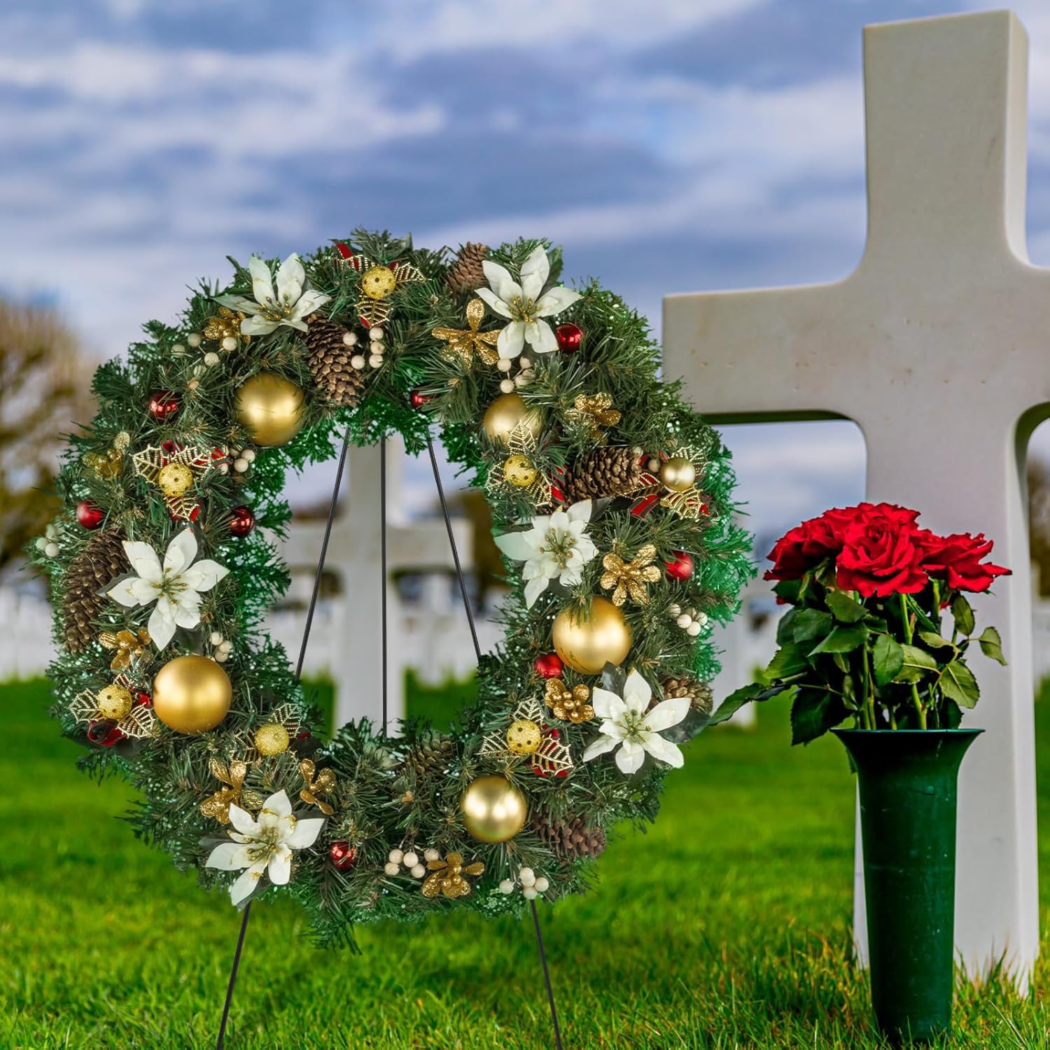 Soaoo Wreath Stand for Grave Marker 30 Inch Metal Easel