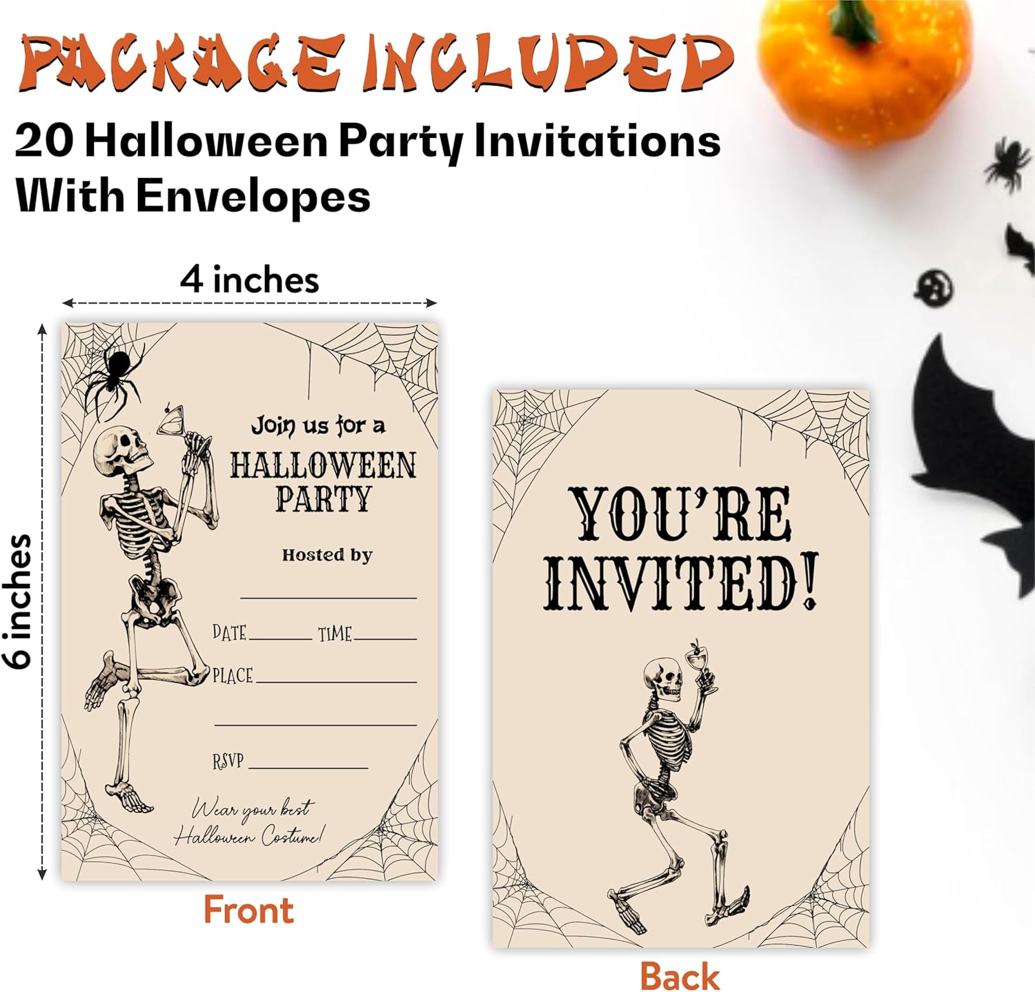 EXW Halloween Party Invitations With Envelopes - Retro Skeleton Spiderwebs - 20 Set