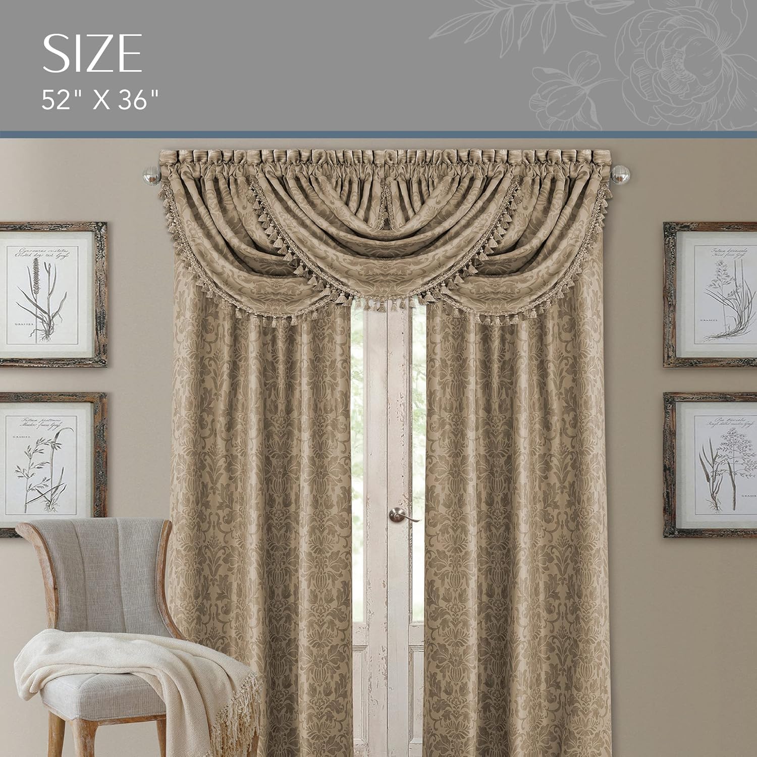 Elrene Antonia Floral Damask Window Valance with Tassels 52x36 Taupe