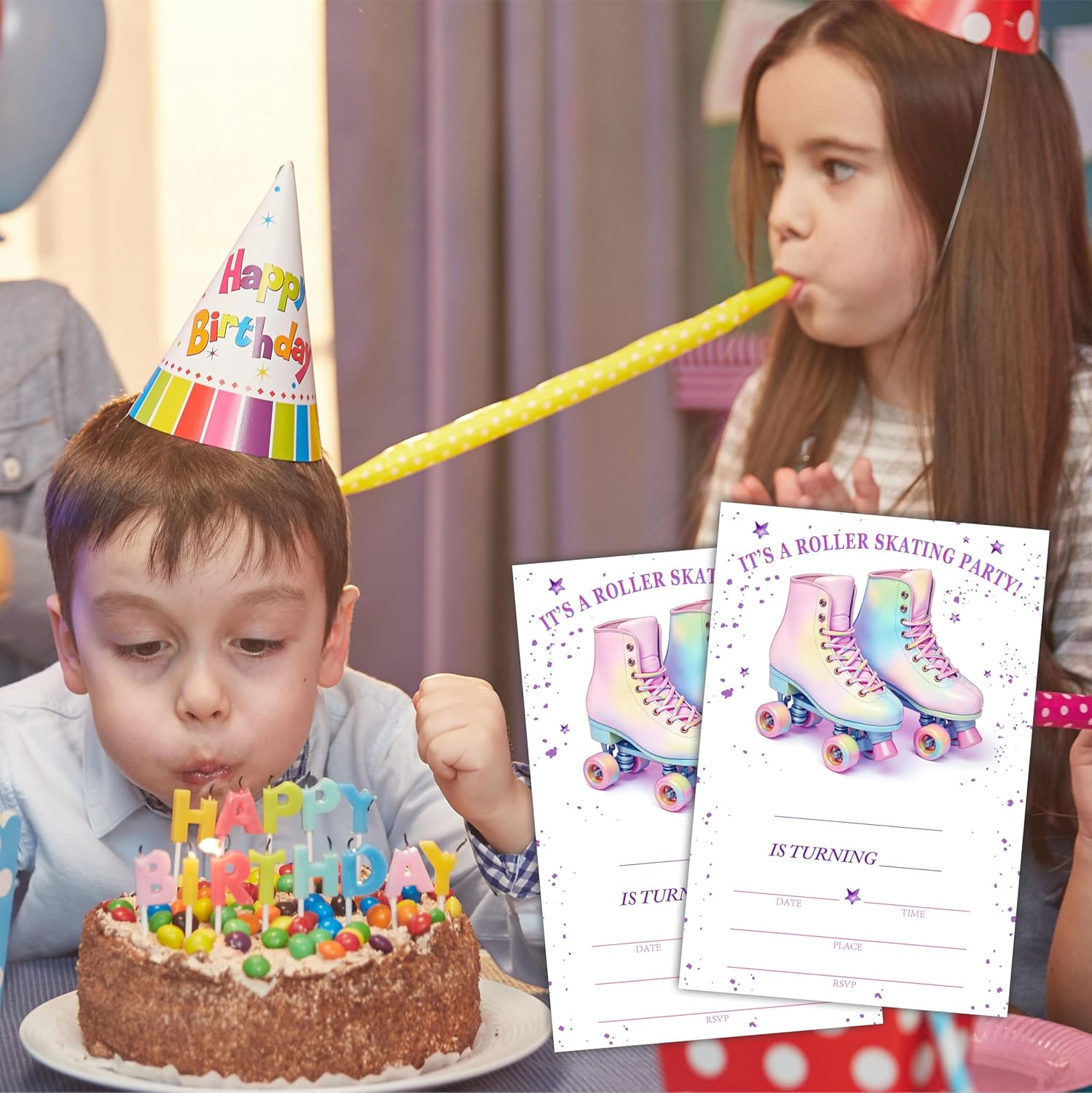 Roller Skating Birthday Invites With Envelopes - Pink Roller Skates 20 Pcs