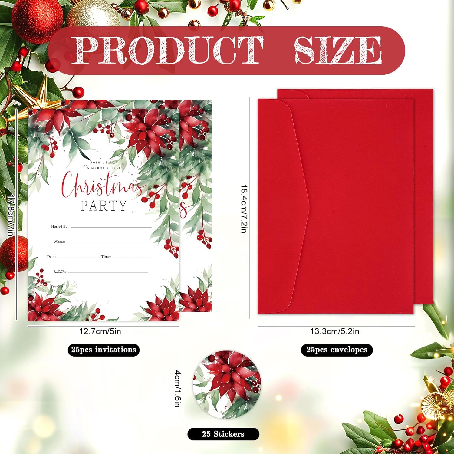 25 Pack Christmas Party Invitations with Envelopes and Stickers