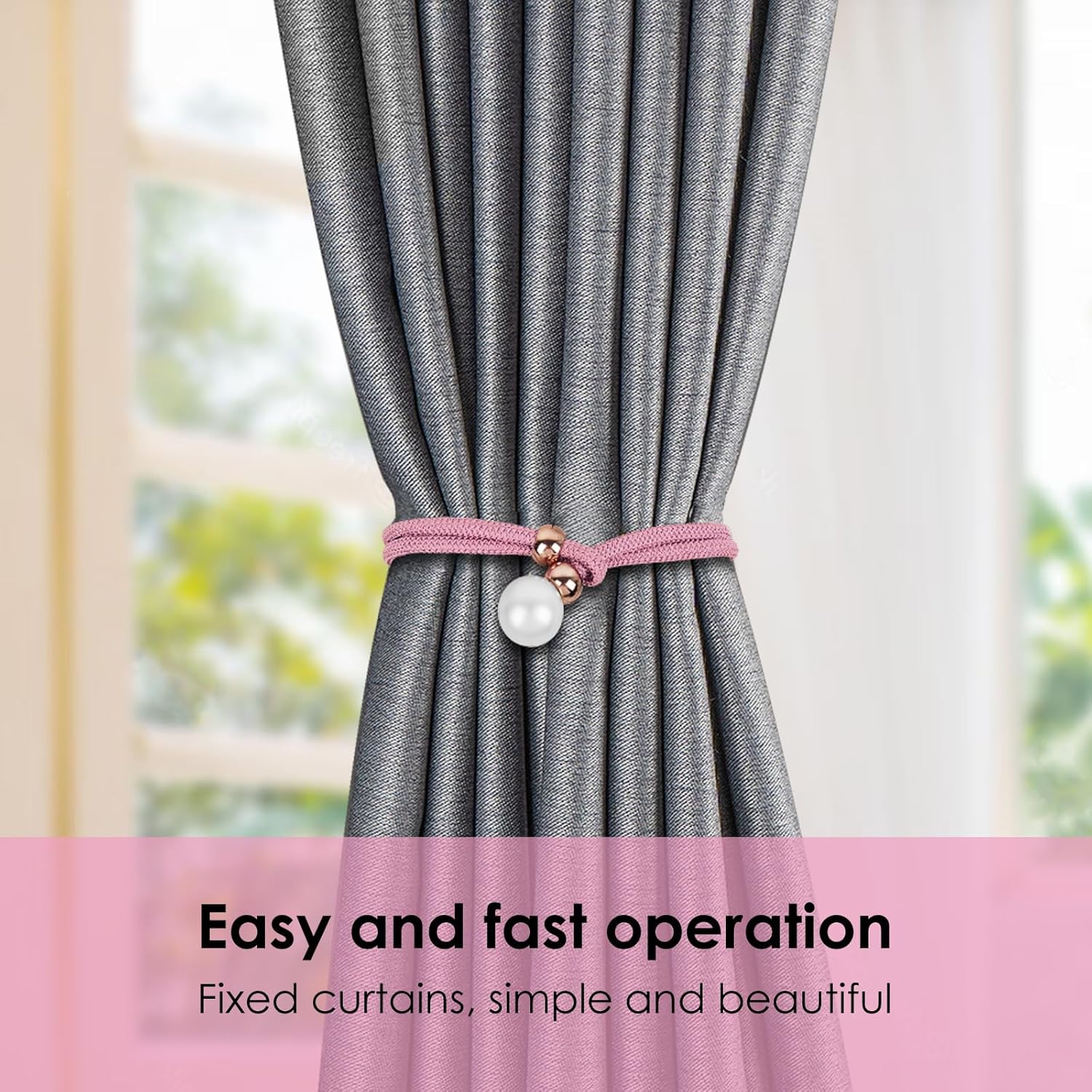 2 Pack Pink Adjustable Curtain Tiebacks with Large Imitation Pearls