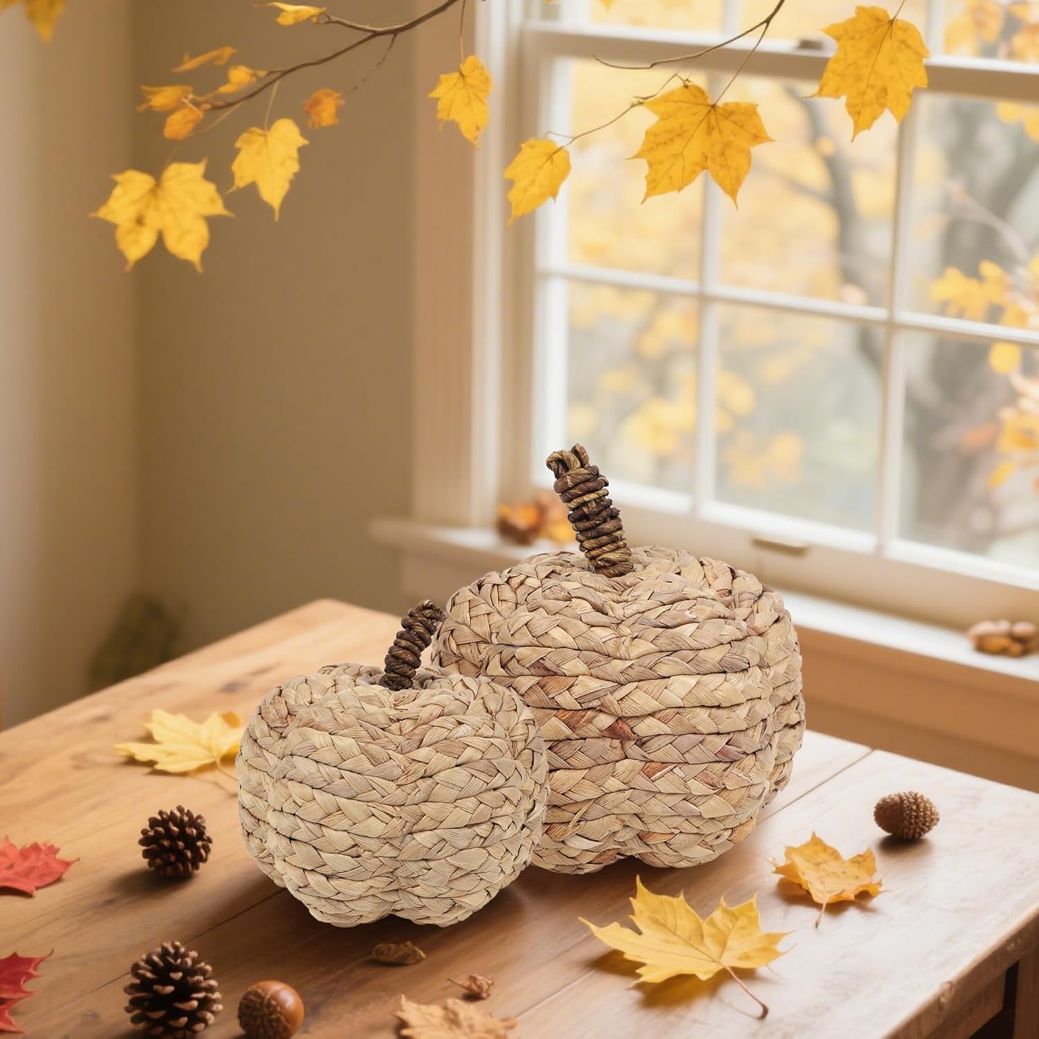Winemana 2 Pack Beige Woven Pumpkin Decorations