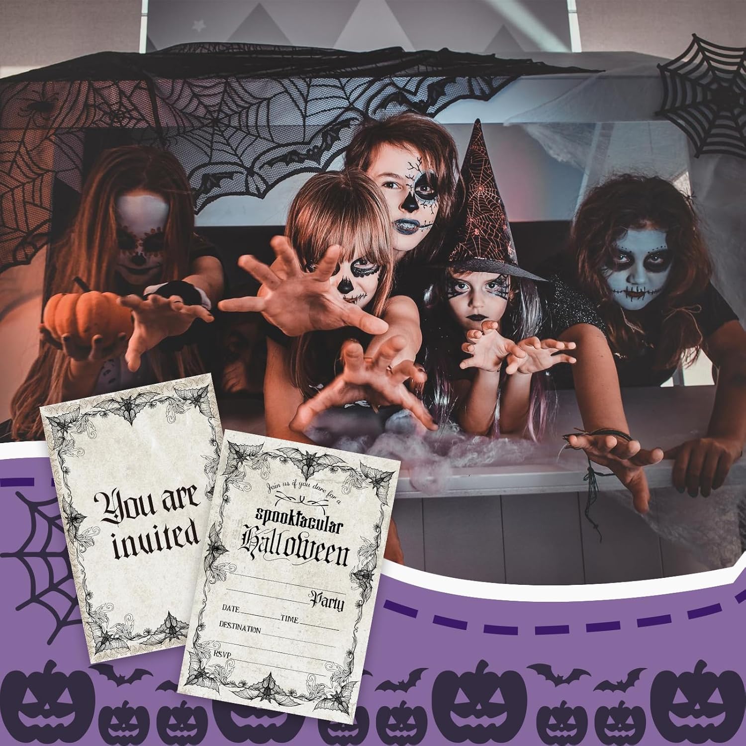 Halloween Party Invitations Set - Vintage Gothic Style