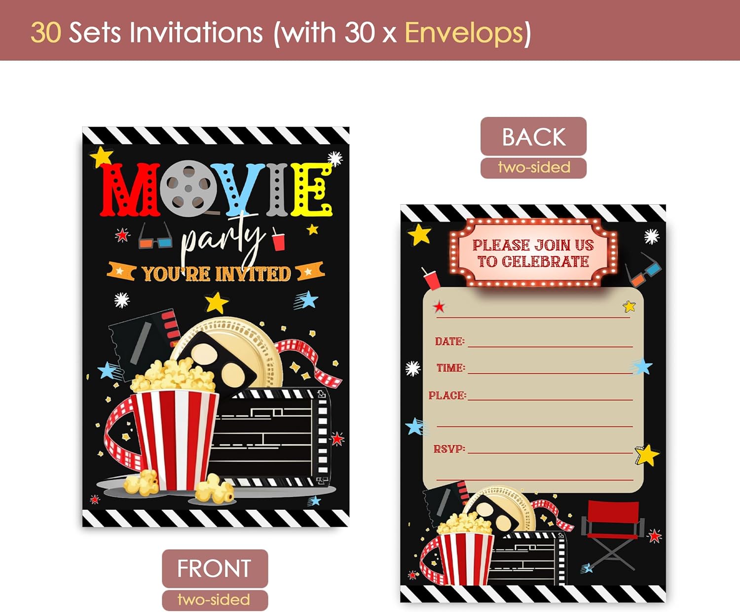 Movie Night Birthday Invitations with Envelopes
