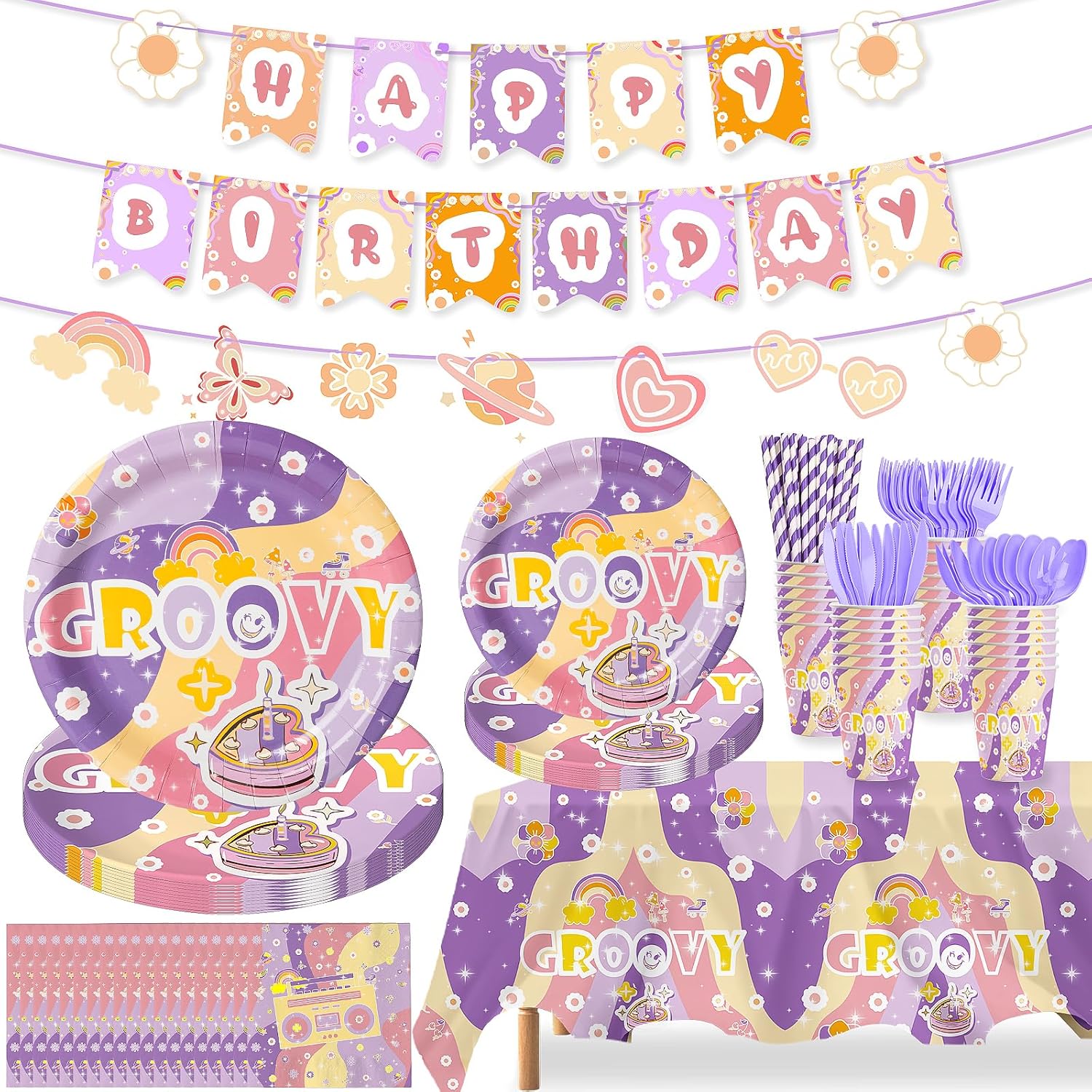 202 Pcs Groovy Party Decorations with Plates Napkins Tablecloth Banner