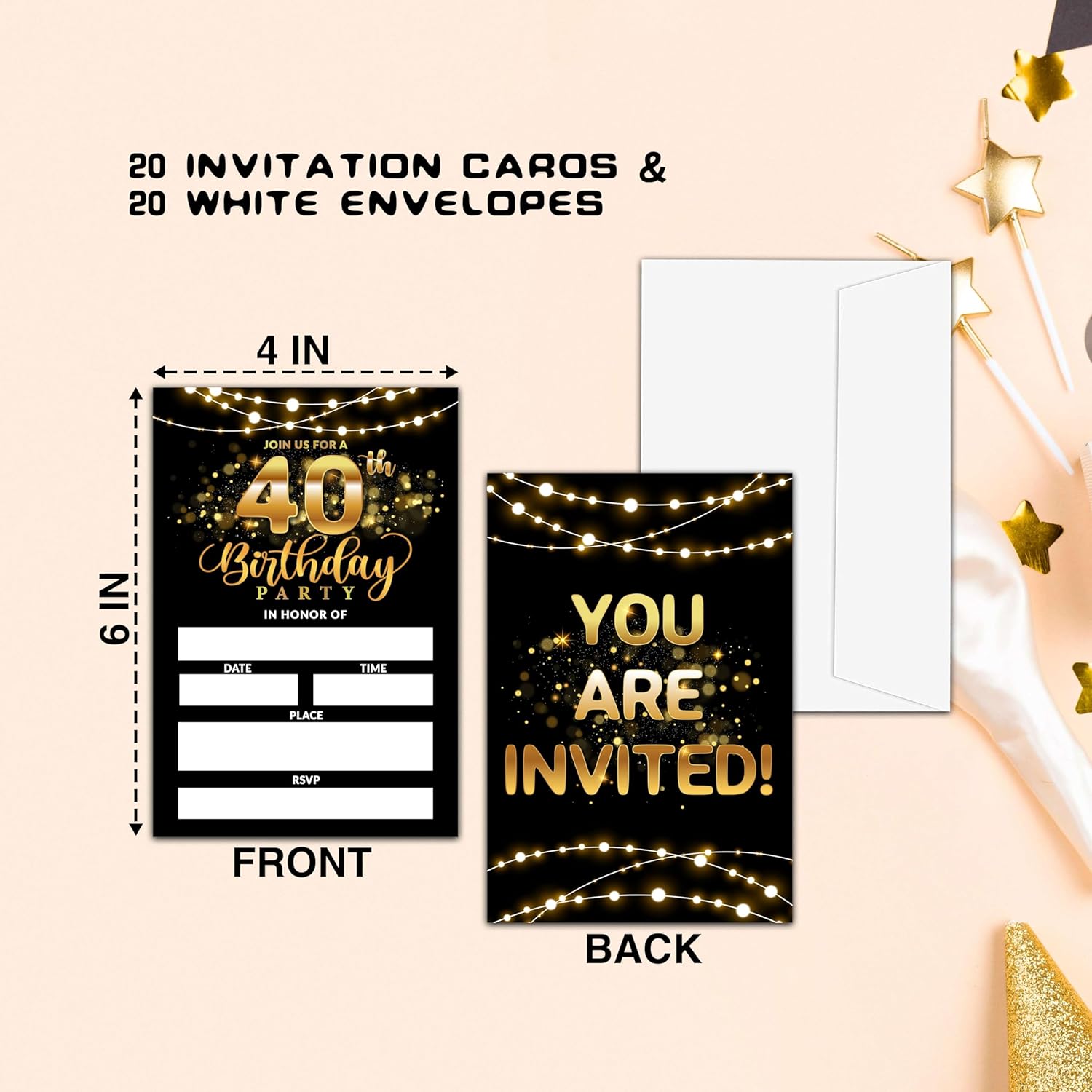 40th Birthday Invites for Men Women - Black Gold Decorations