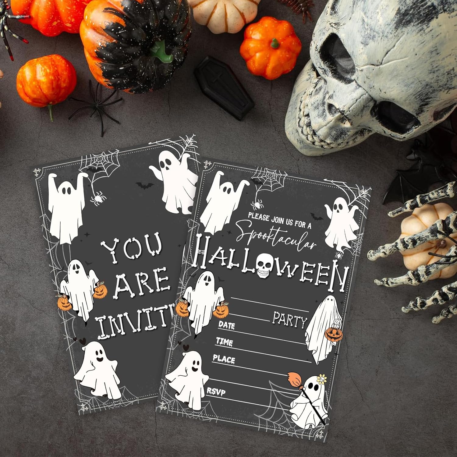 4 x 6 Halloween Party Invitations Ghost Skull Retro Style