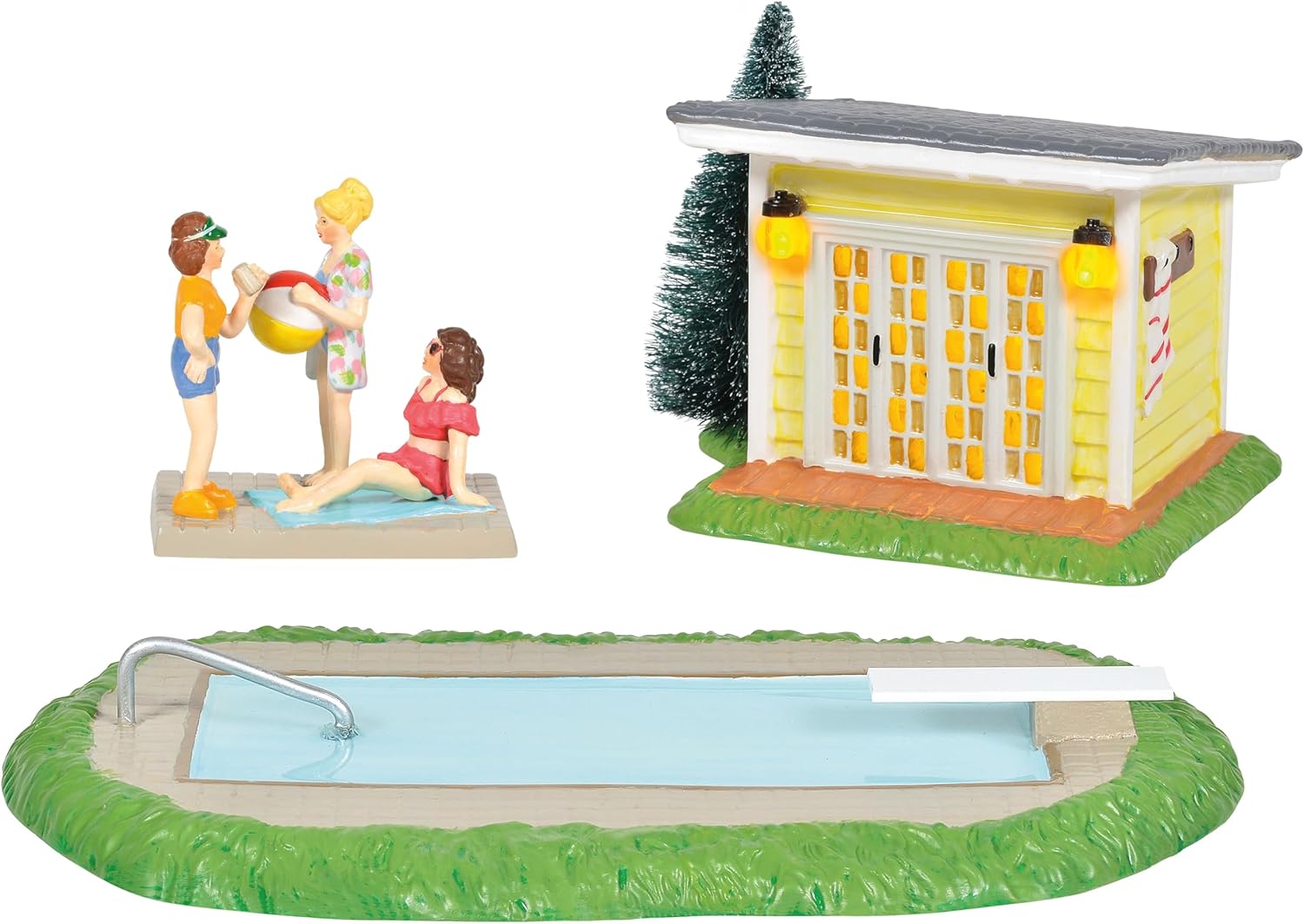 Department 56 Lit Pool House Building and Figurines Set