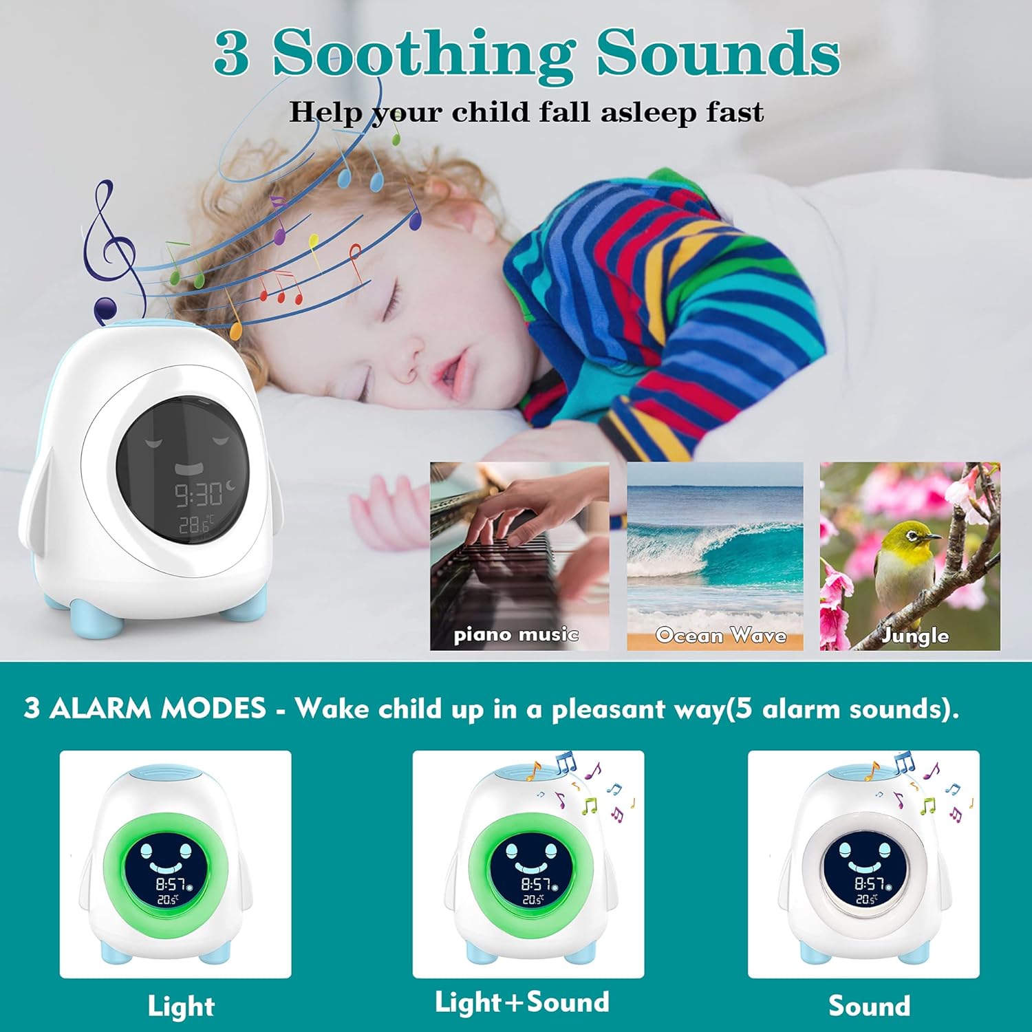 Wisoee Kids Alarm Clock with Night Light and Sound Machine