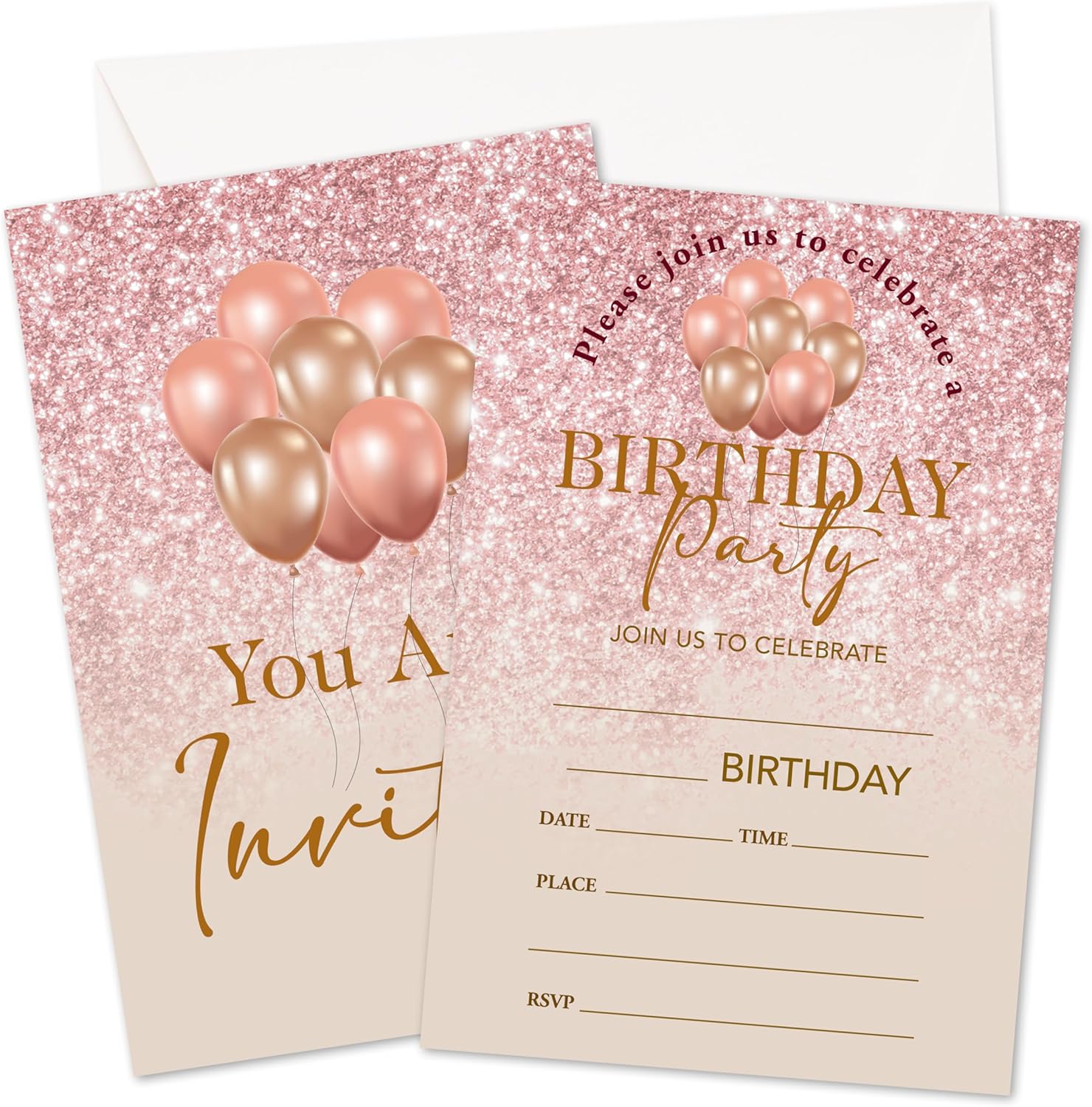 Pink Glitter Birthday Invites Cards with Envelopes - 20PCS