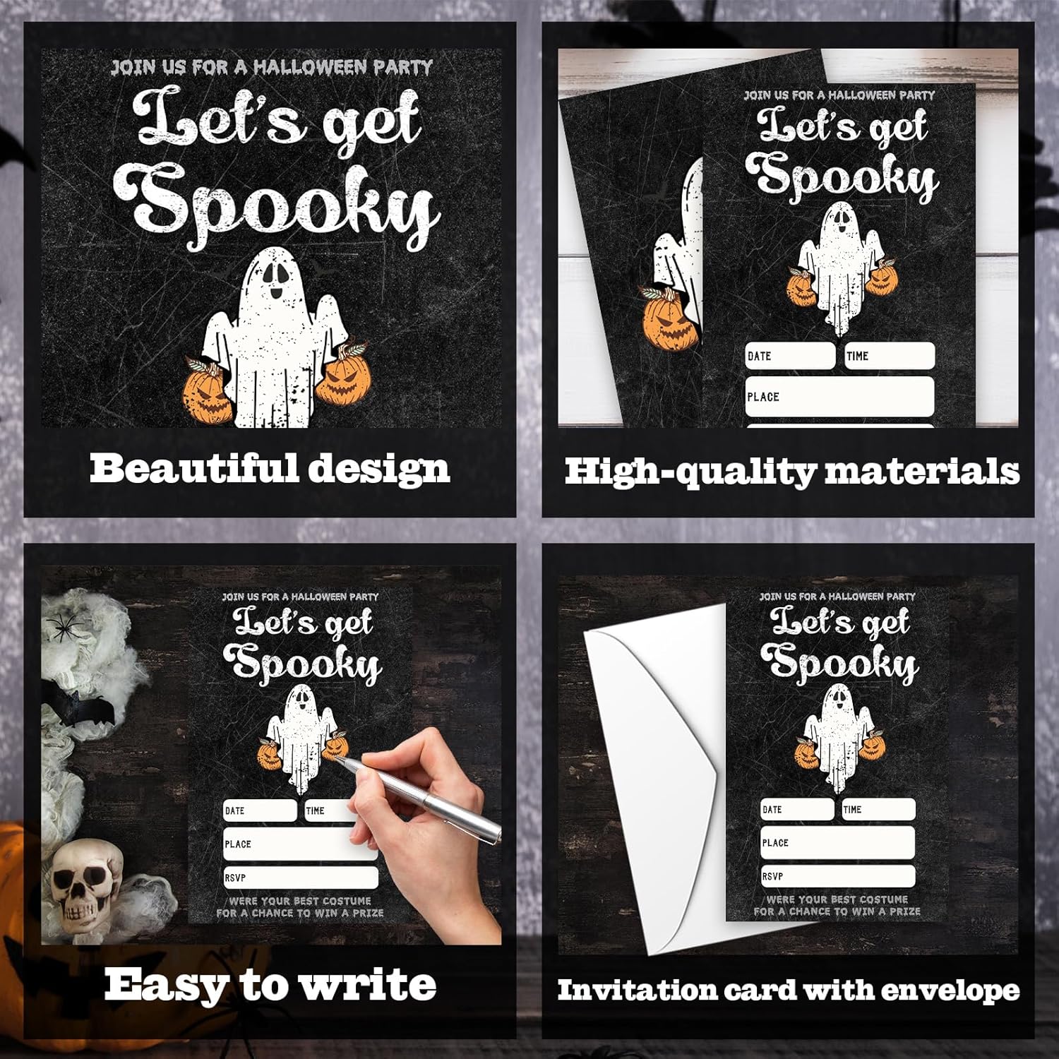 4 x 6 Gothic Black Halloween Party Invitations - Ghost Design