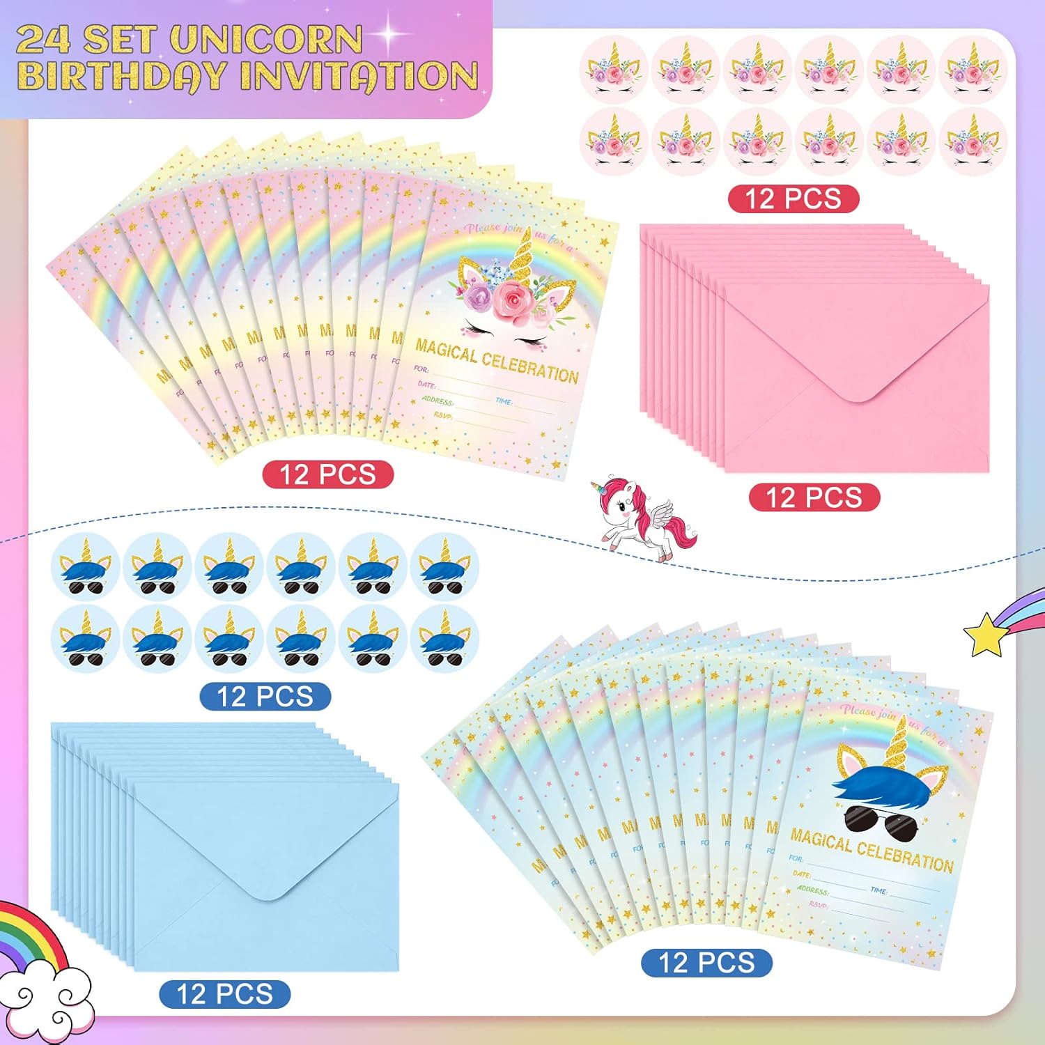 Tallew Unicorn Party Invitation Set 24pcs