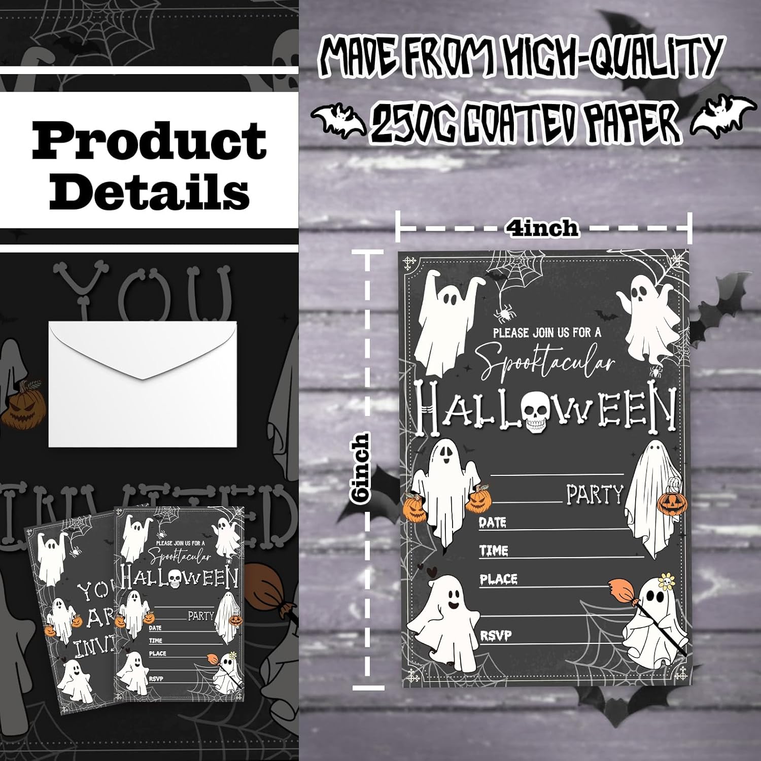 4 x 6 Halloween Party Invitations Ghost Skull Retro Style