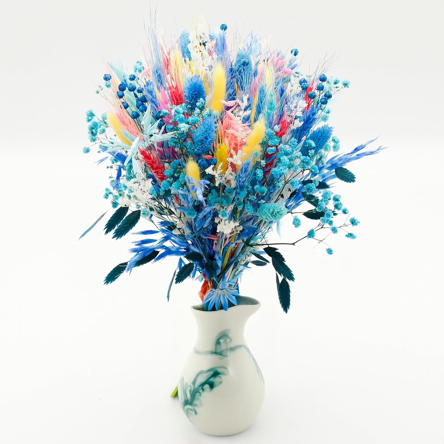 128PCS Dried Flowers and Blue Pampas Grass Bouquet