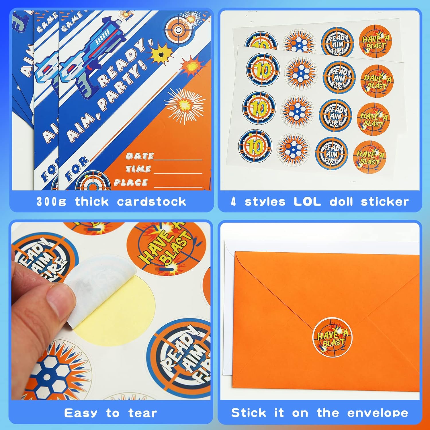 24 Pack Dart War Party Invitations with Stickers and Envelopes