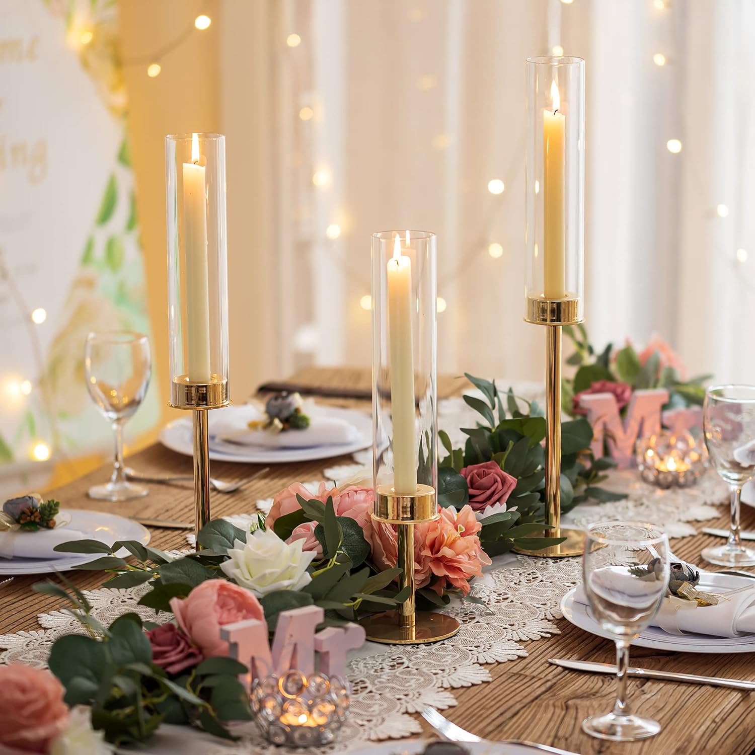 Sziqiqi Gold Taper Candle Holder 6 Pcs Hurricane Centerpieces