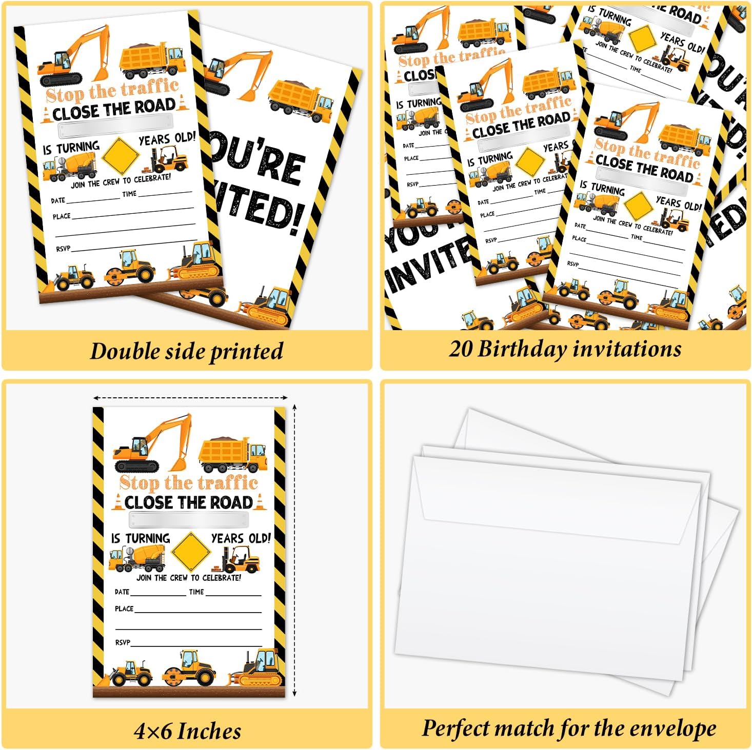 Construction Birthday Invitations with Envelopes 20 Set