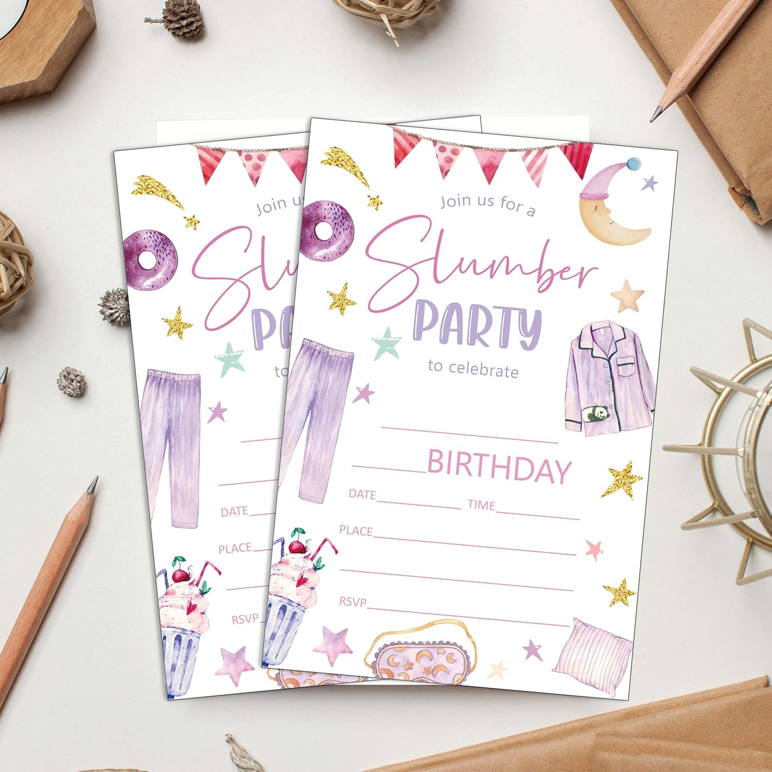 Slumber Birthday Invitations 20 PCS Pajama Party Cards