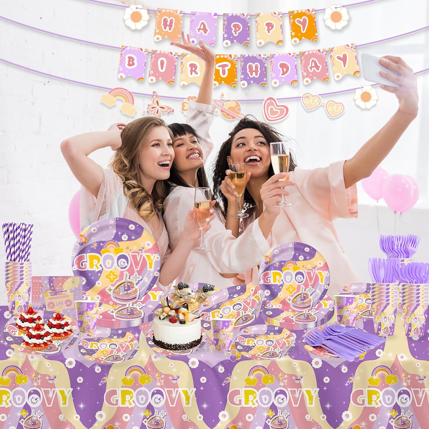 202 Pcs Groovy Party Decorations with Plates Napkins Tablecloth Banner