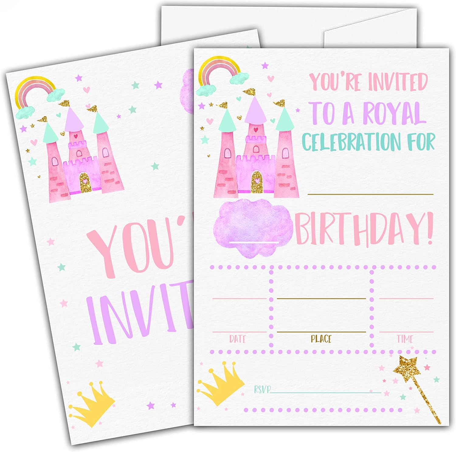 Pink Princess Castle Birthday Invitations with Envelopes Set of 20