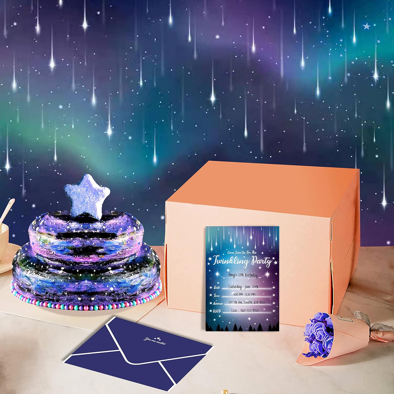 Aurora Borealis Birthday Party Invitations with Starry Envelopes