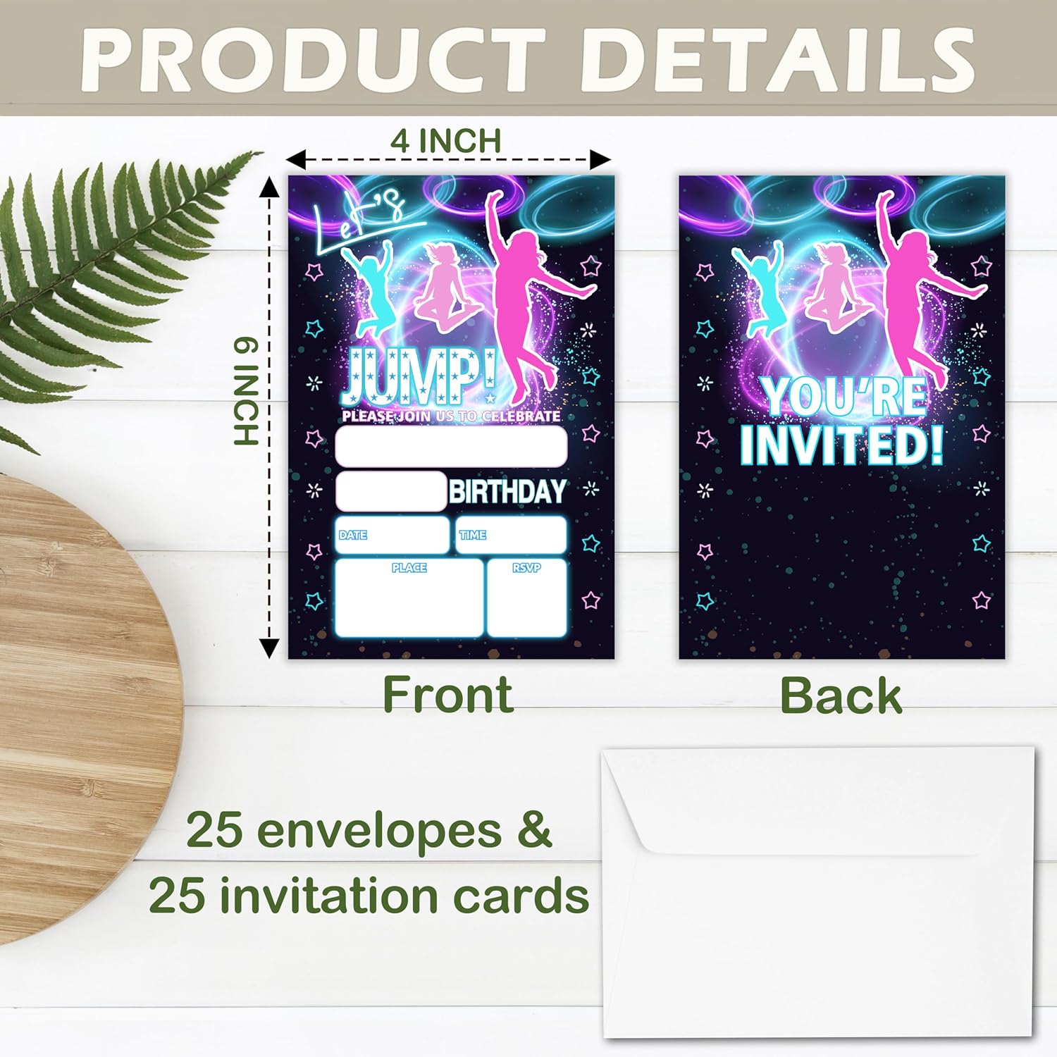 Neon Glow Jump Birthday Invitations With Envelopes