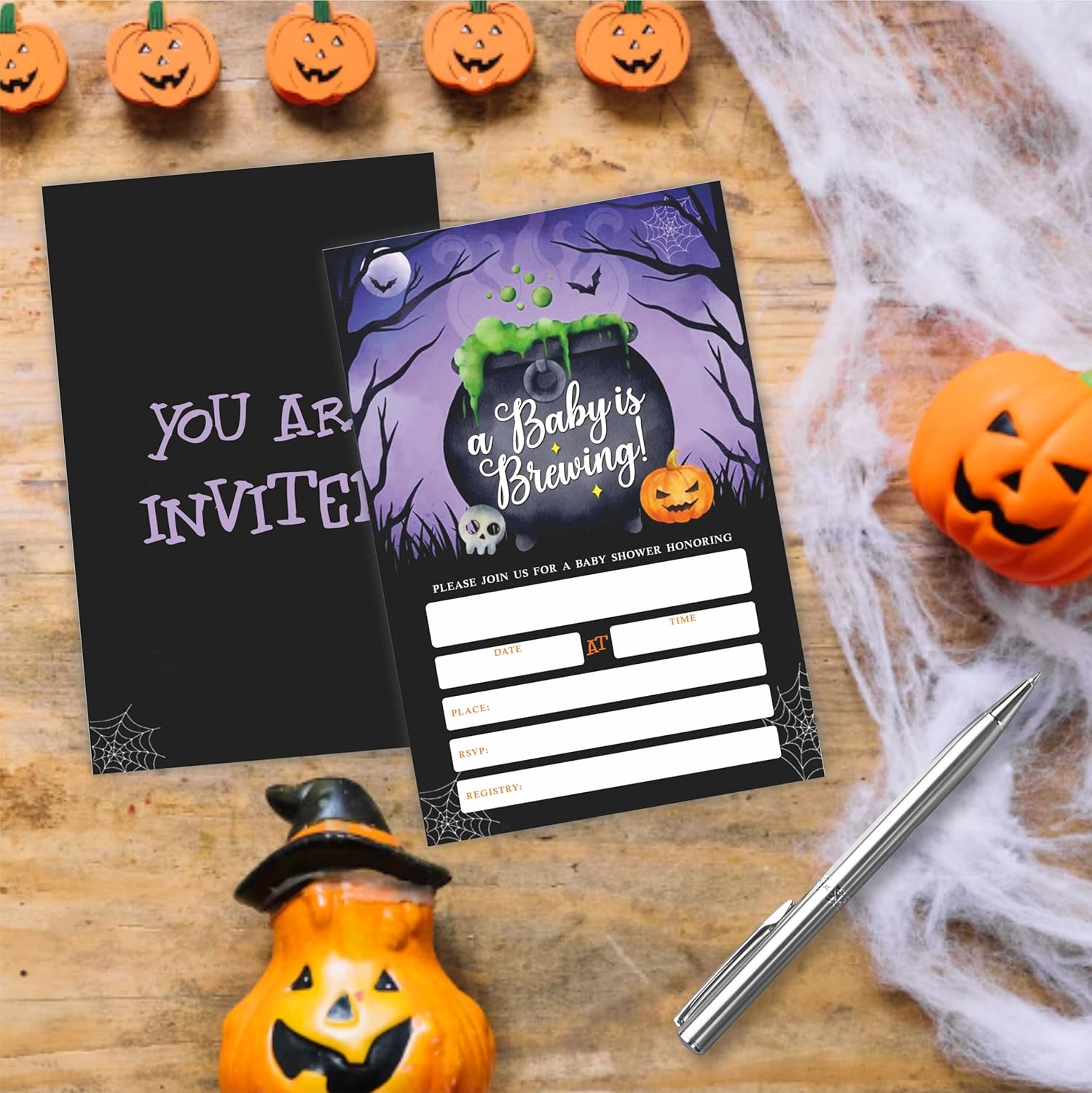 A Baby Is Brewing Halloween Baby Shower Invites with Envelopes C06
