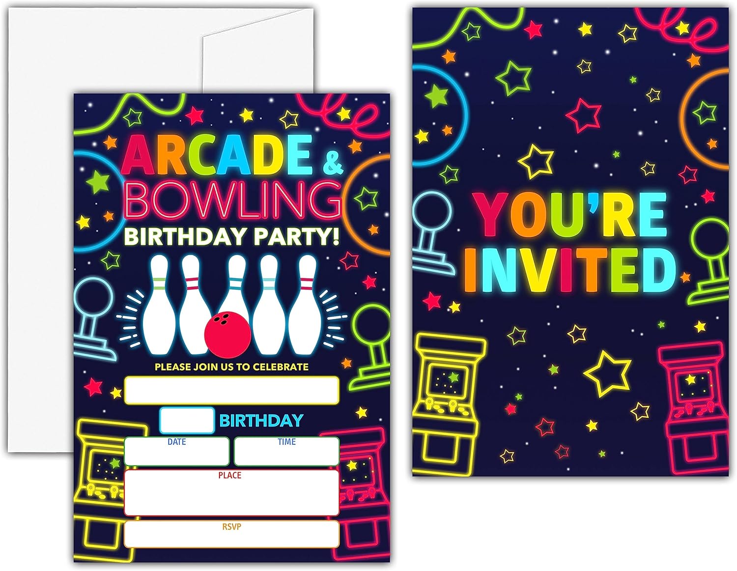 KFNER Neon Glow Arcade Bowling Birthday Invitations Set of 20