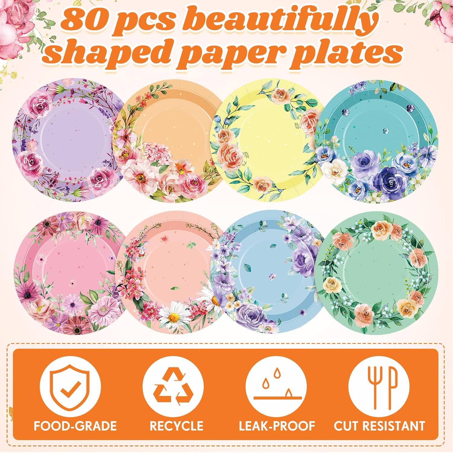 80 Pcs Pastel Floral 7 Inch Disposable Party Plates