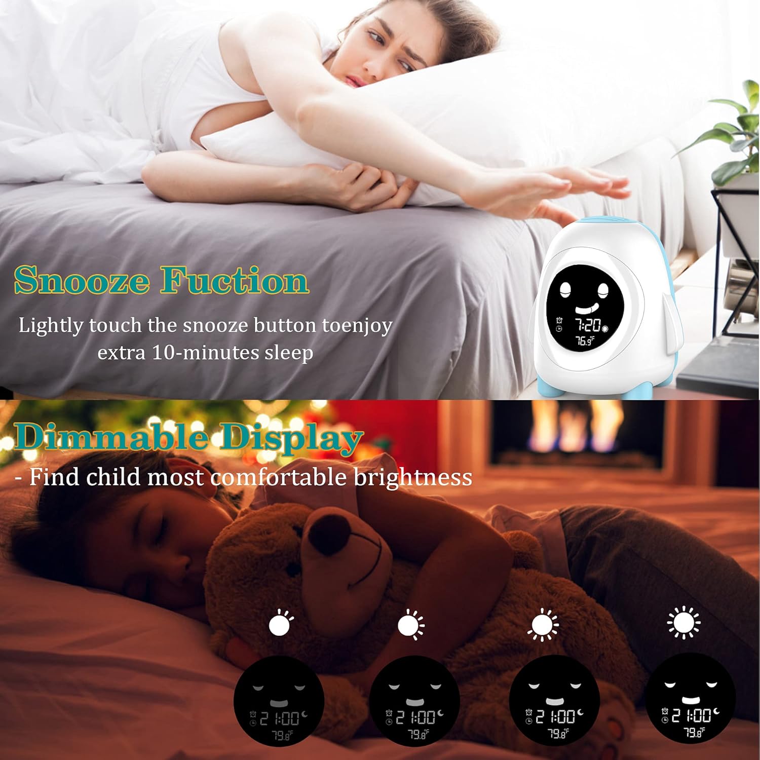 Wisoee Kids Alarm Clock with Night Light and Sound Machine