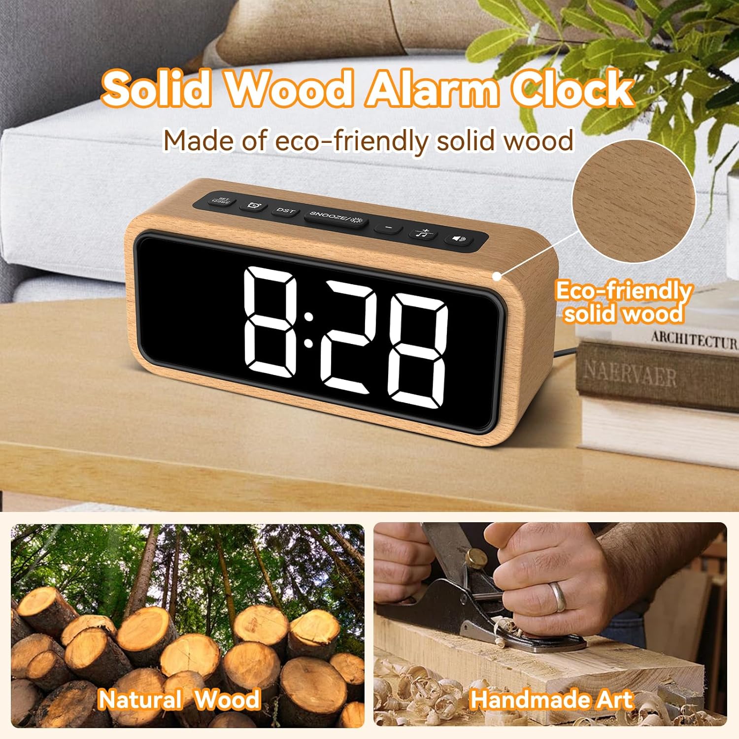 Netzu Wooden Alarm Clock with 5 Volumes and 12 Ringtones