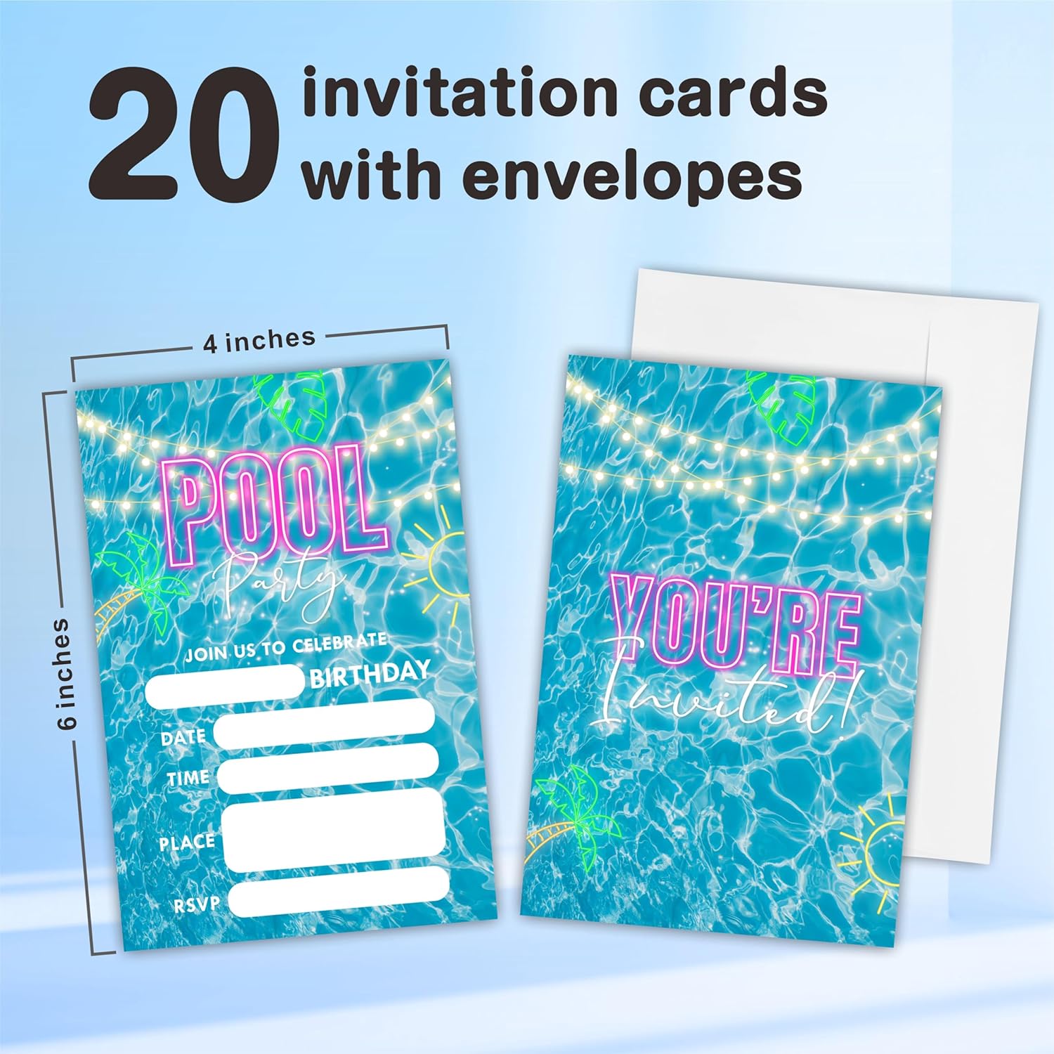 Pool Party Birthday Invitations 4x6 Glow Neon Water Double Sided