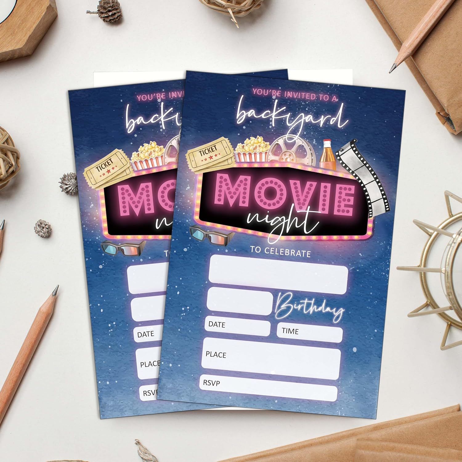 Movie Night Birthday Invitations 20 PCS with Envelopes