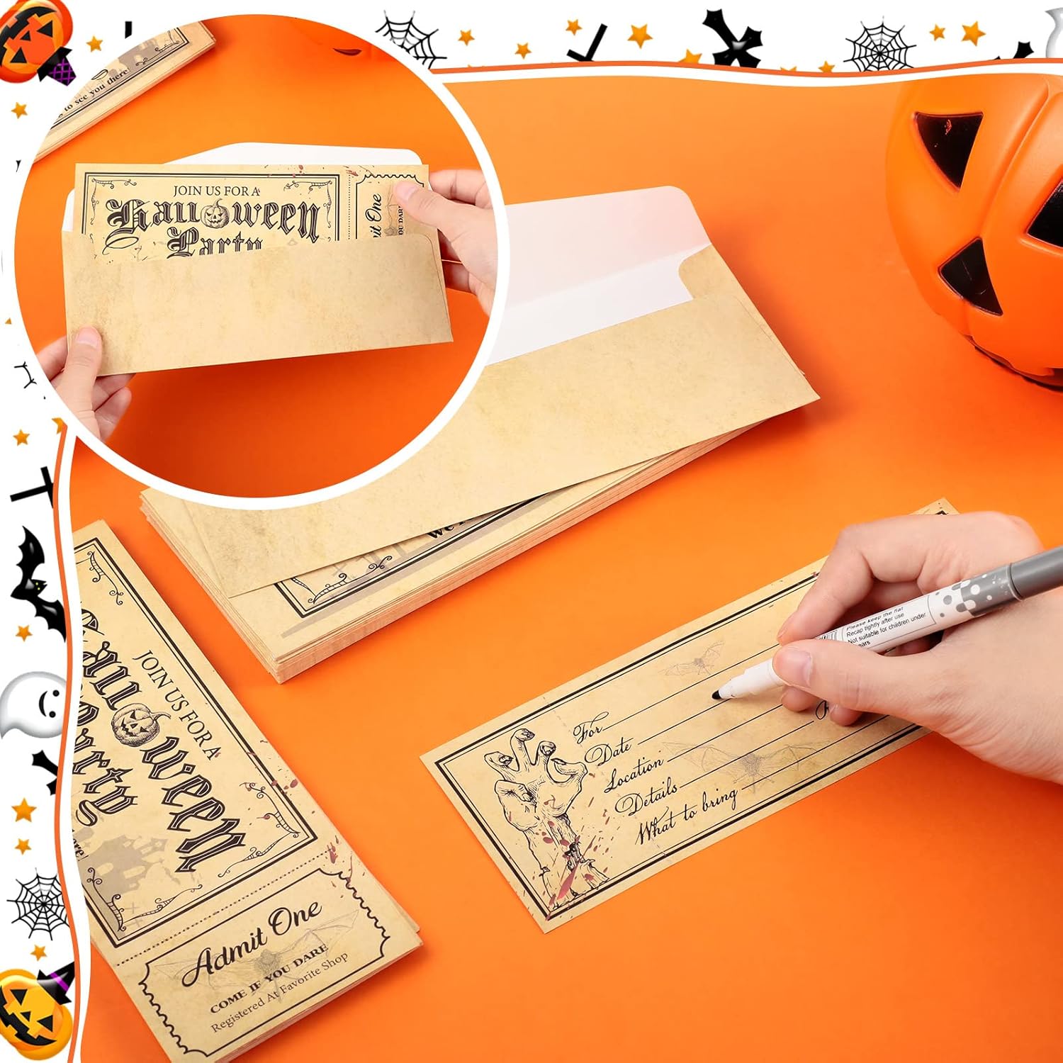 Woanger 50 Pcs Halloween Party Invitation Set with Envelopes Skull Design