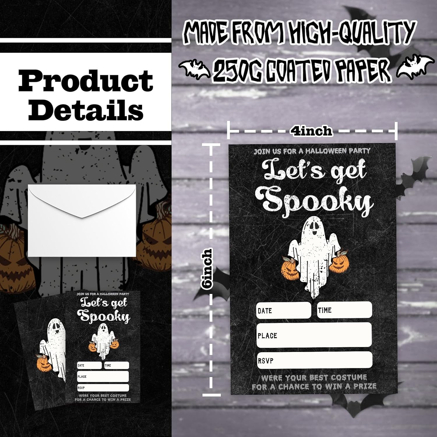 4 x 6 Gothic Black Halloween Party Invitations - Ghost Design