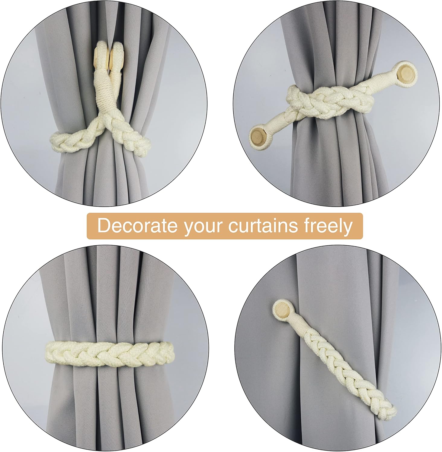 Porlau 2 Pack Beige Magnetic Curtain Tiebacks with Wooden Buckle
