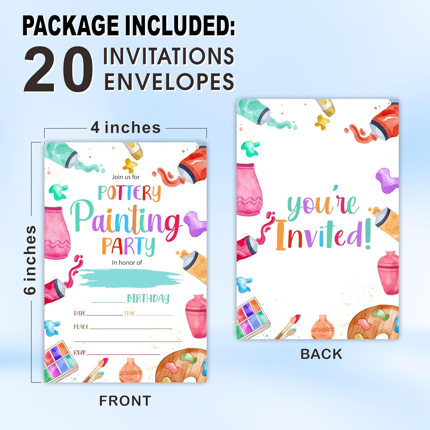 Pottery Painting Birthday Invitations with Envelopes 20 Sets