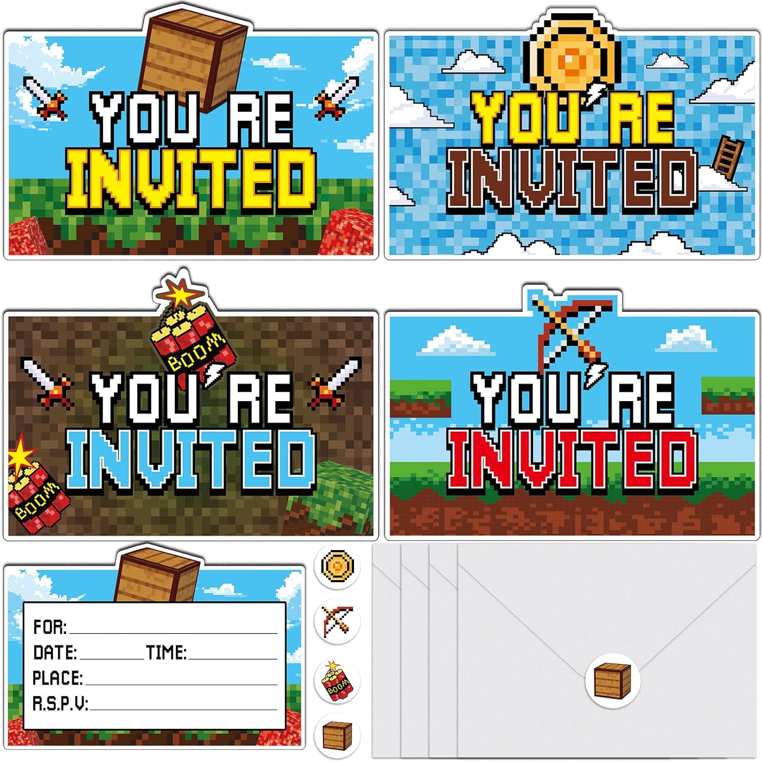 28 Piece Pixel Birthday Invite Set with Envelopes and Stickers