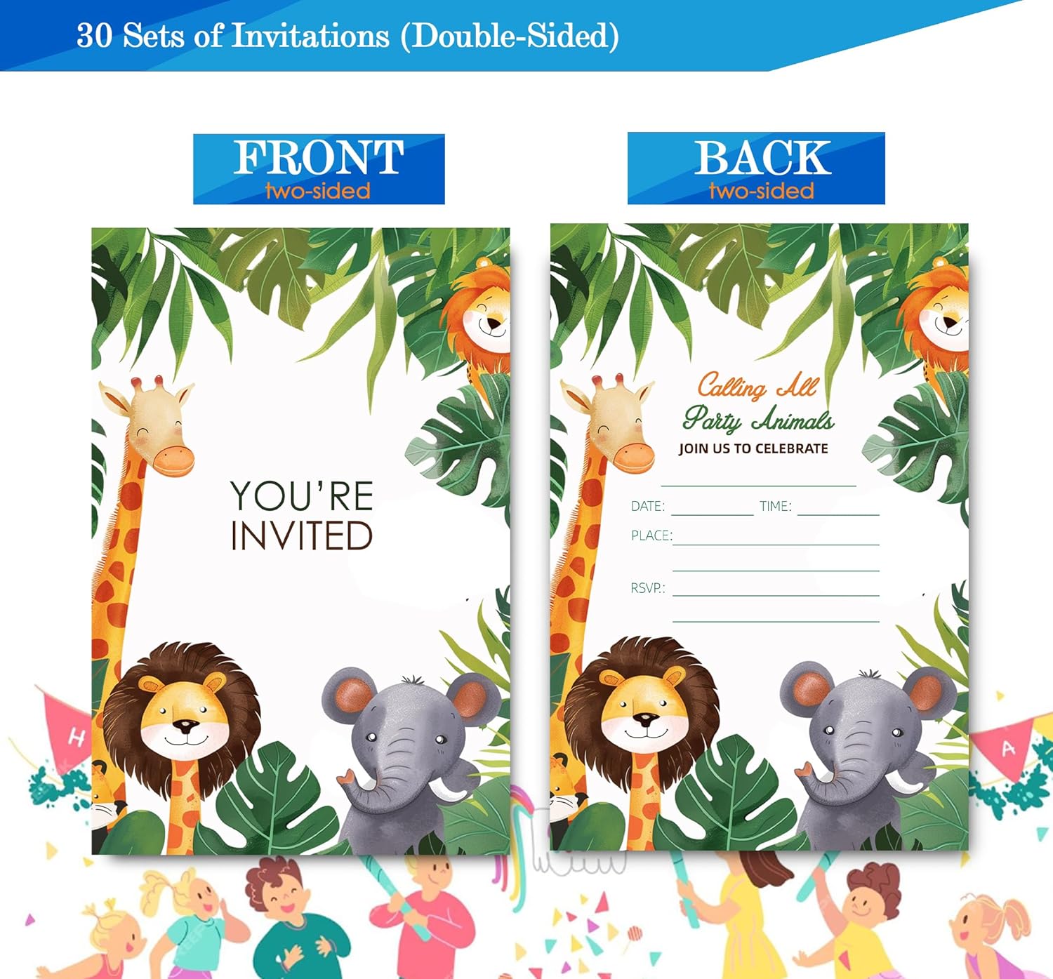 Cute Jungle Animals Birthday Invitations for Boys 4x6 30 Sets