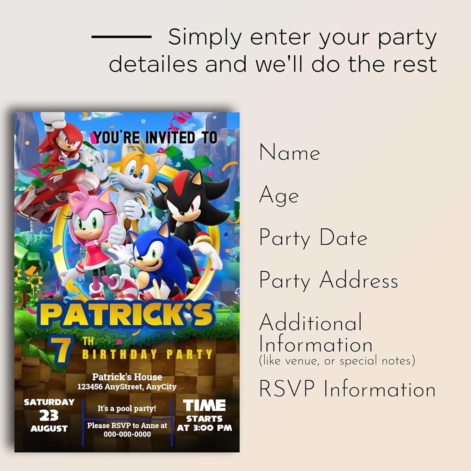 Sonic Birthday Invitations with Envelopes 4x6 Inches