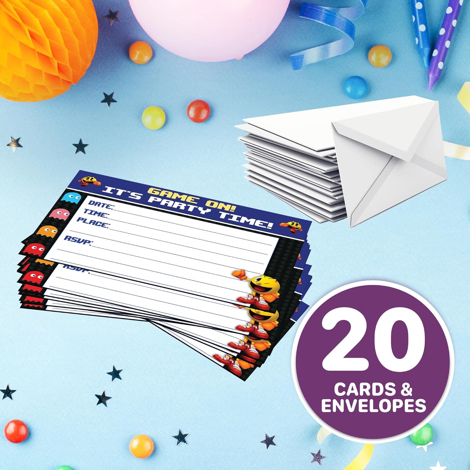 Set of 20 Retro Game Birthday Invites with Envelopes